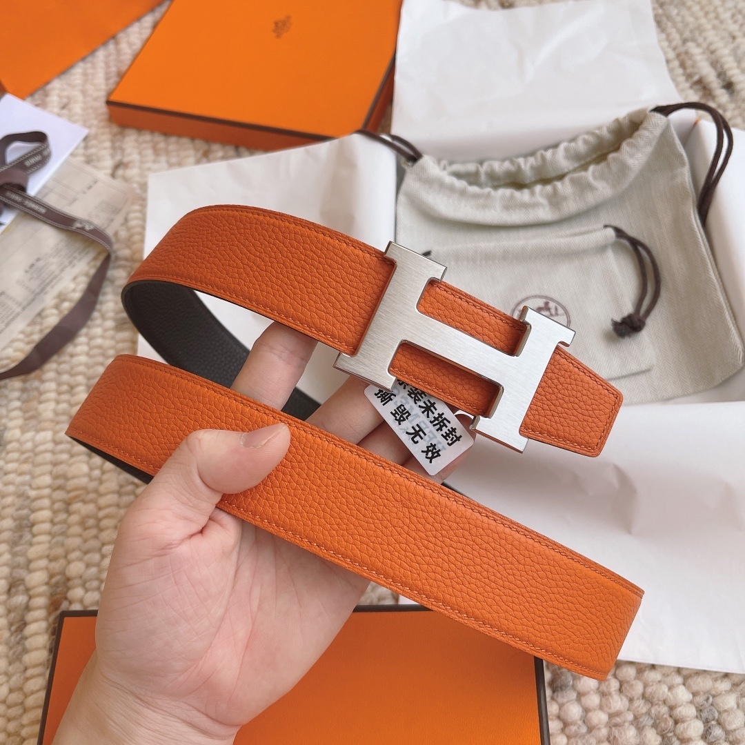 Premium Reversible H Buckle Leather Belt - Orange & Black