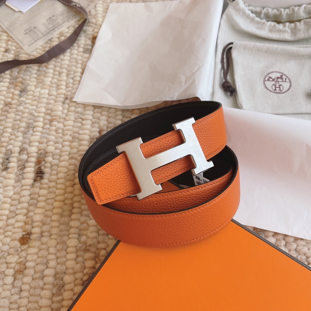Premium Reversible H Buckle Leather Belt – Orange & Black