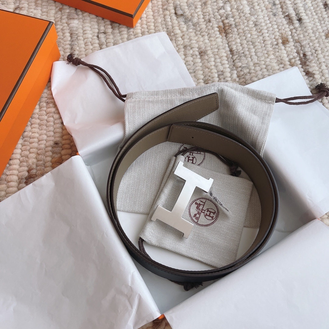 Hermès Reversible H Belt in Etoupe Leather with Silver Buckle