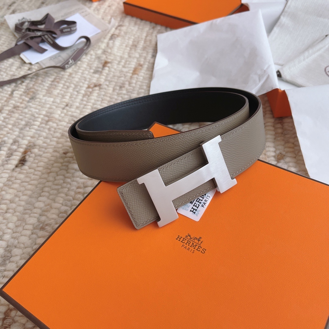Hermès Reversible H Belt in Etoupe Leather with Silver Buckle