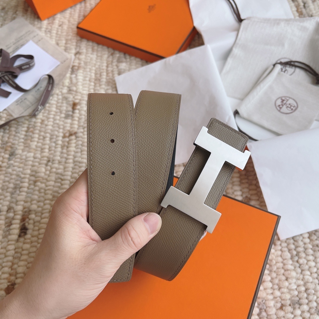 Hermès Reversible H Belt in Etoupe Leather with Silver Buckle