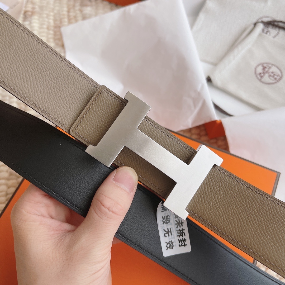 Hermès Reversible H Belt in Etoupe Leather with Silver Buckle