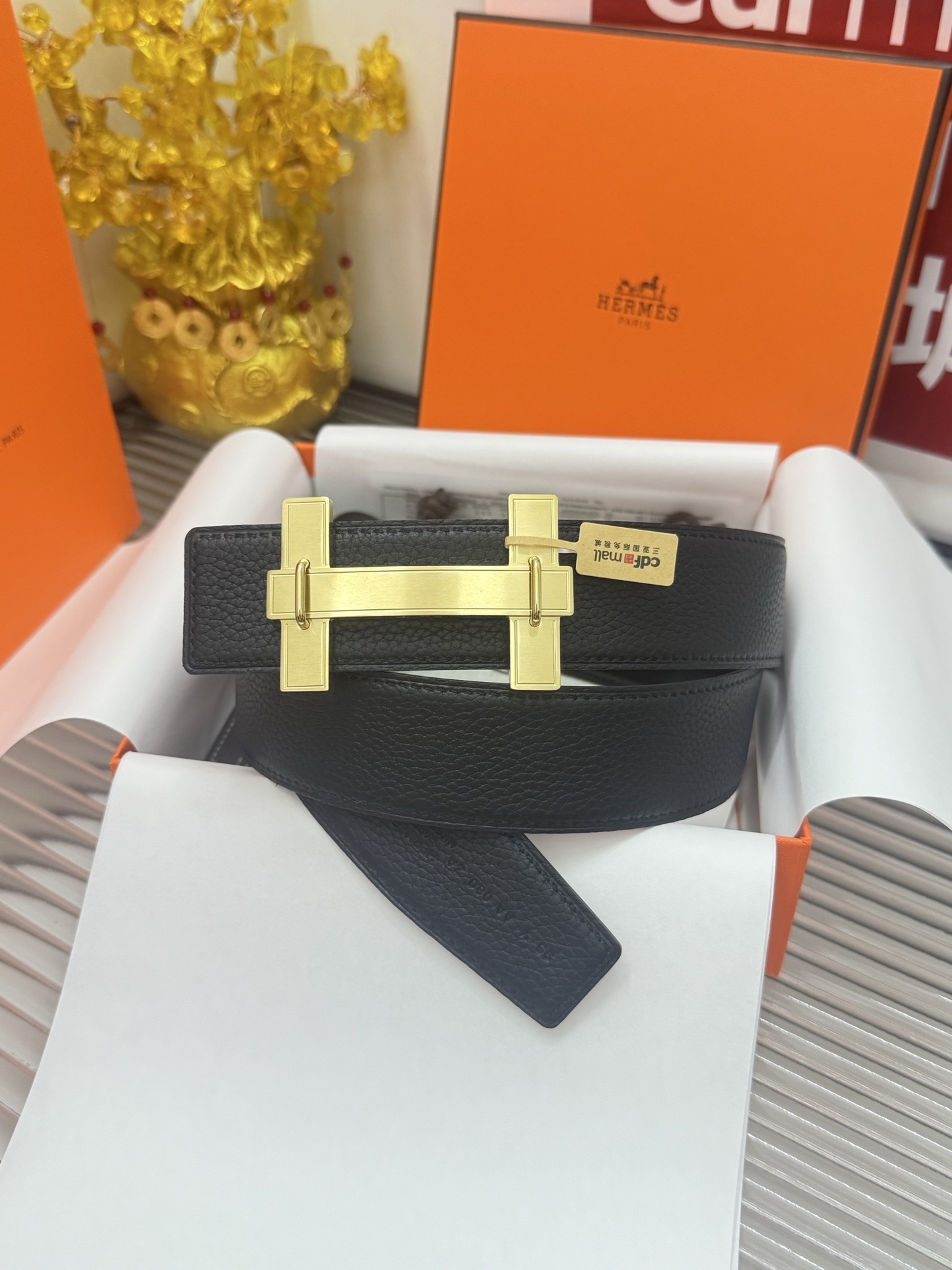 Hermes Men's Black Leather Belt with Gold H Buckle