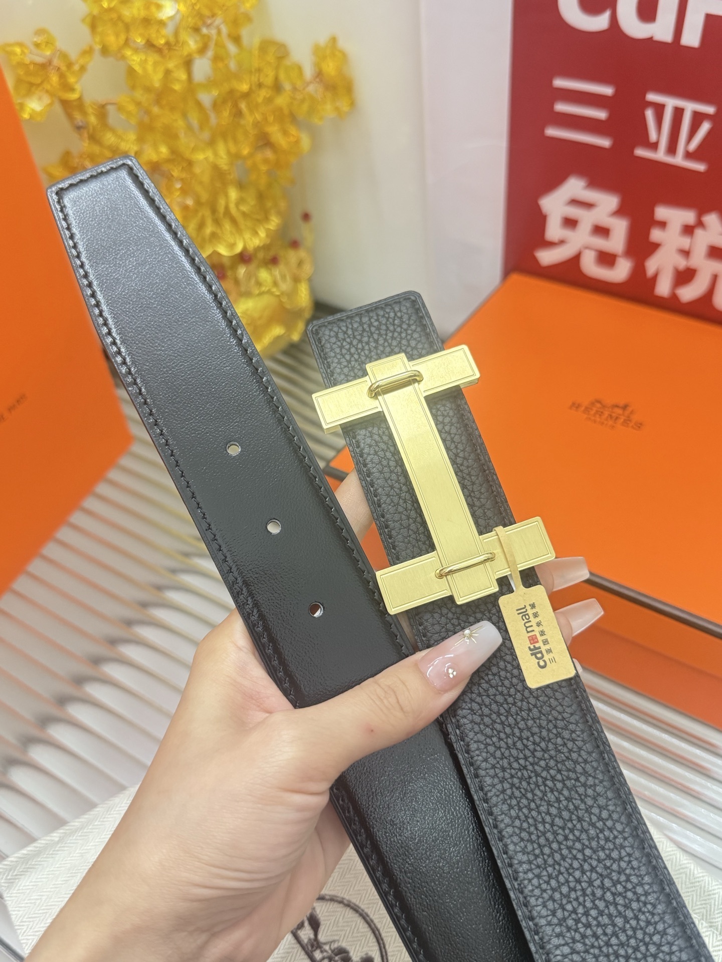 Hermes Men's Black Leather Belt with Gold H Buckle