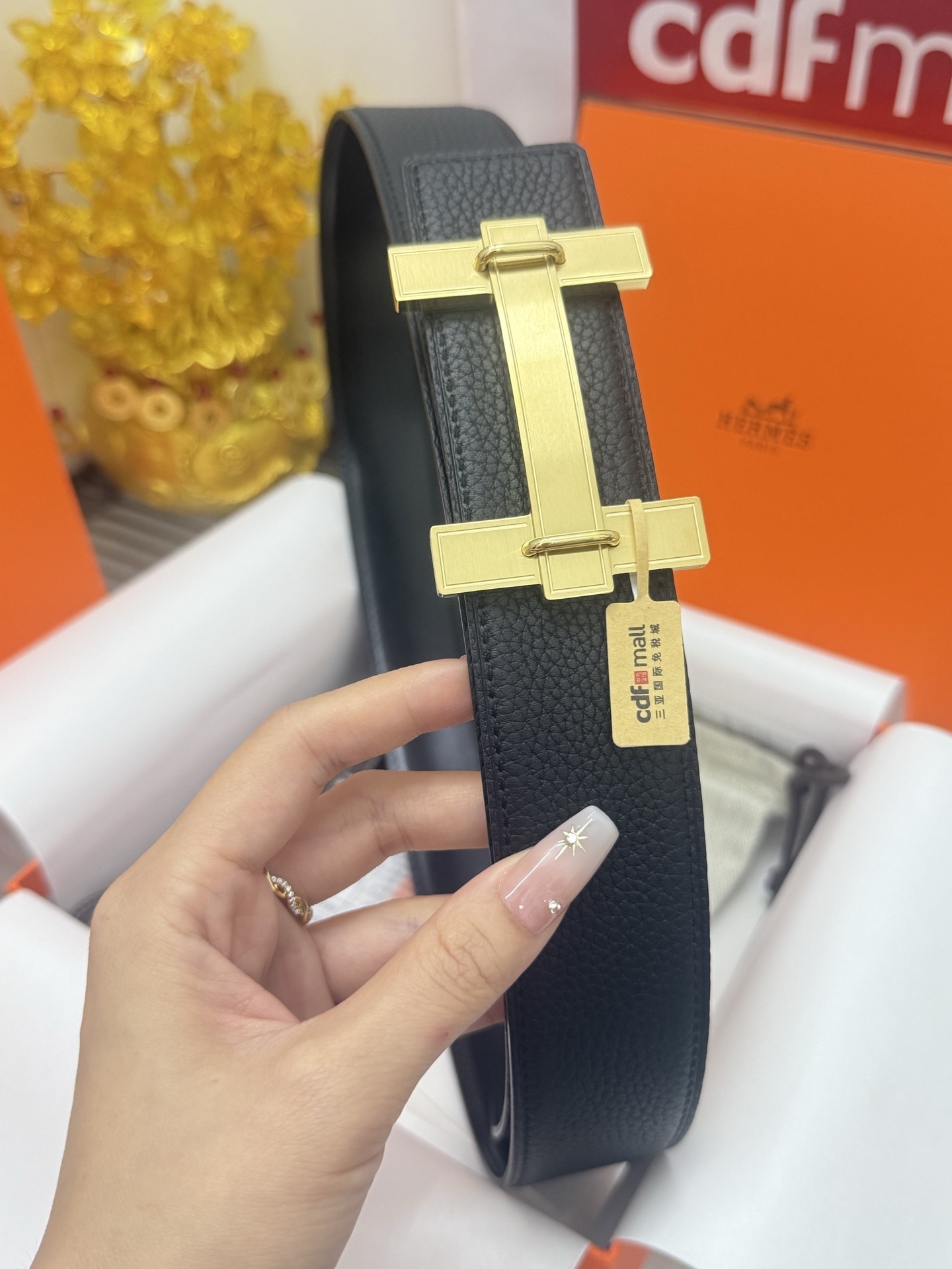 Hermes Men's Black Leather Belt with Gold H Buckle