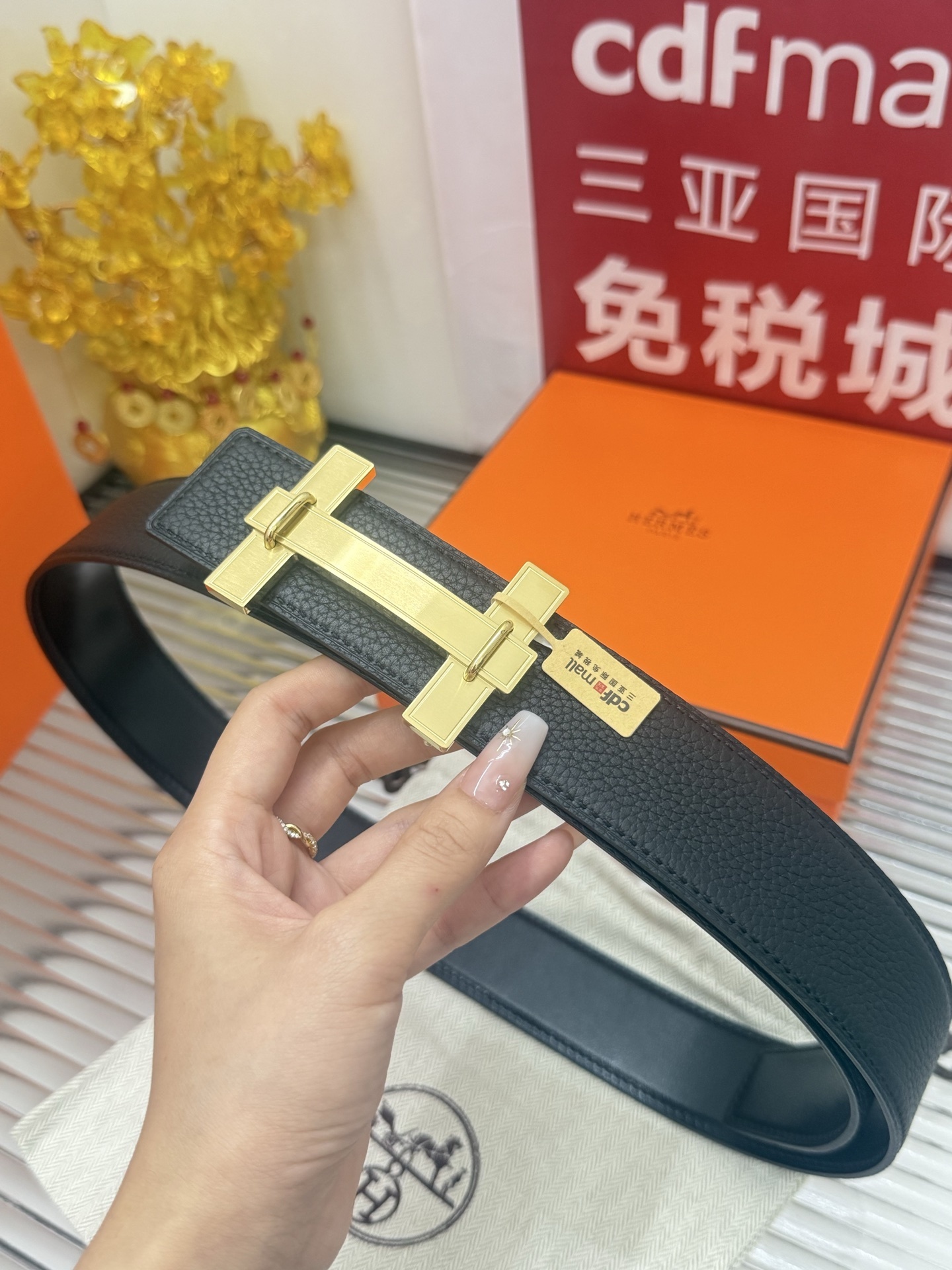 Hermes Men's Black Leather Belt with Gold H Buckle
