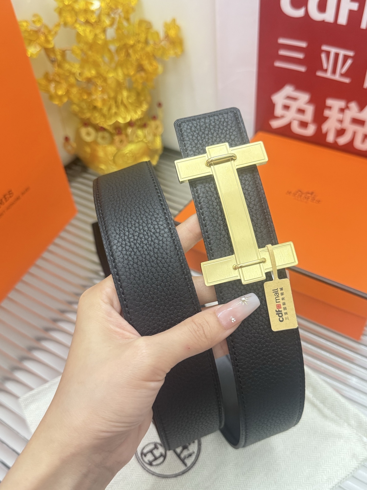 Hermes Men's Black Leather Belt with Gold H Buckle