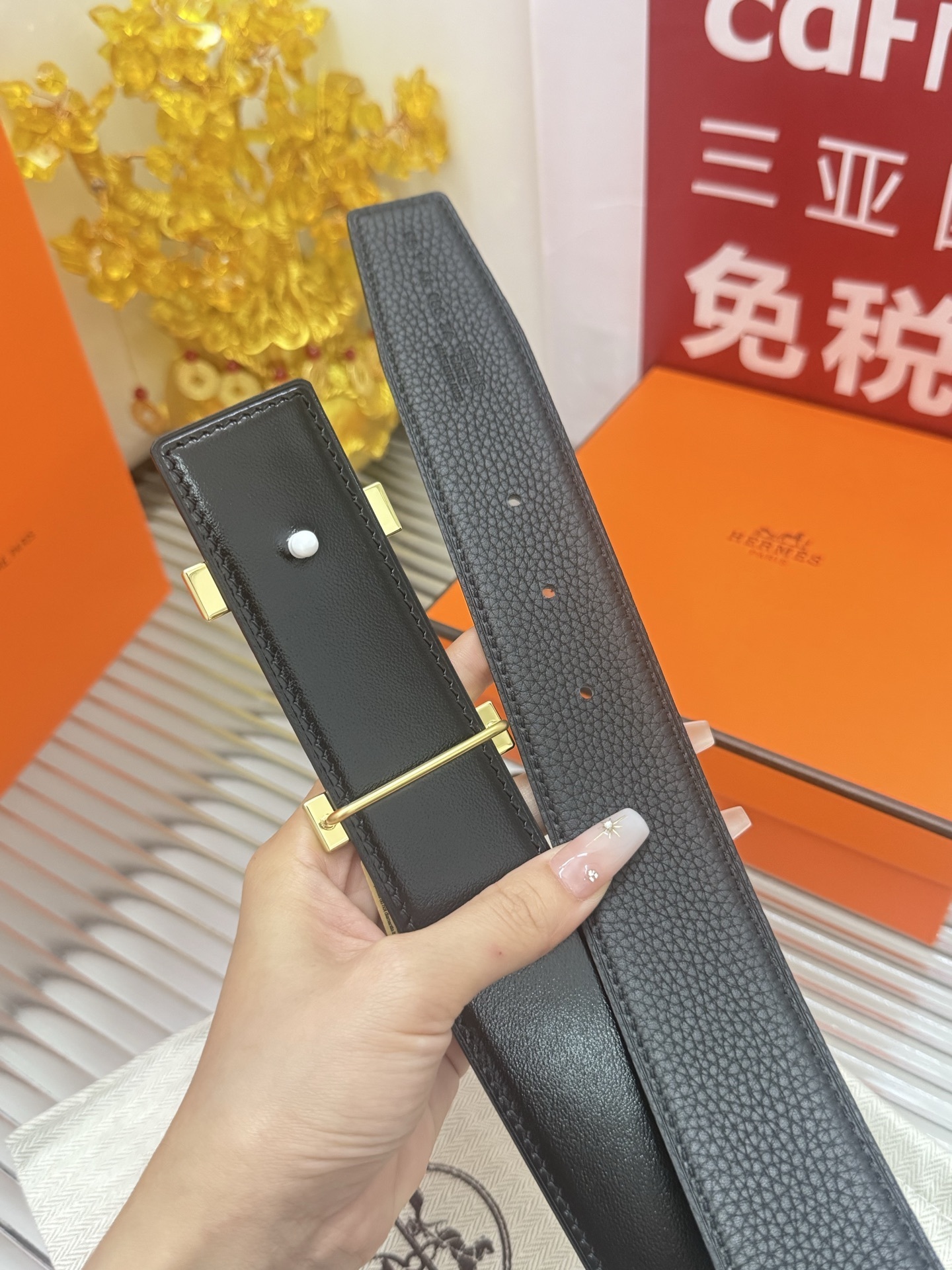 Hermes Men's Black Leather Belt with Gold H Buckle