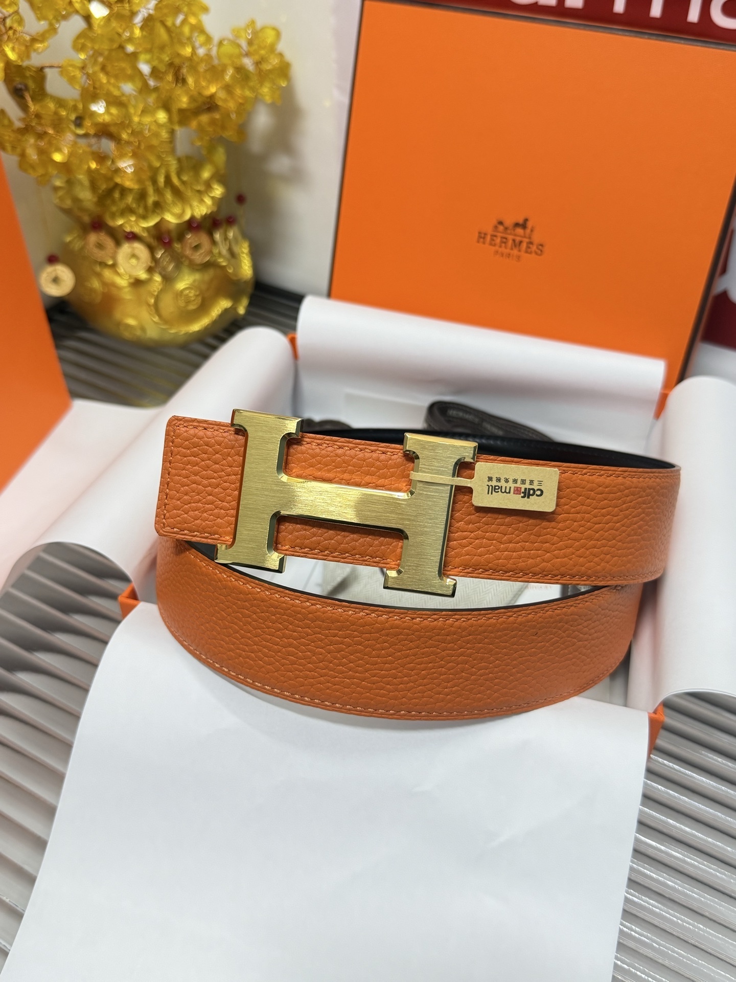 Hermes Orange Leather Belt with Gold H Buckle - Premium Accessory