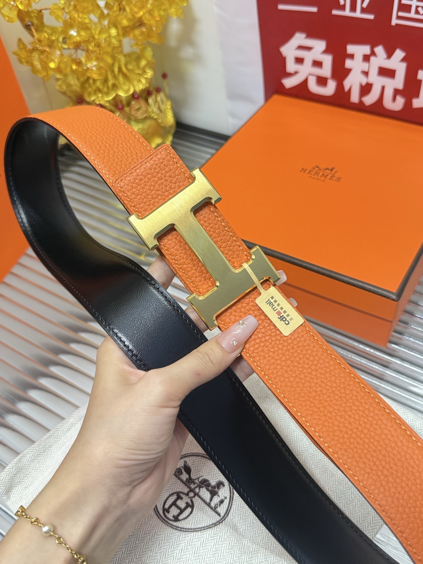 Hermes Orange Leather Belt with Gold H Buckle - Premium Accessory