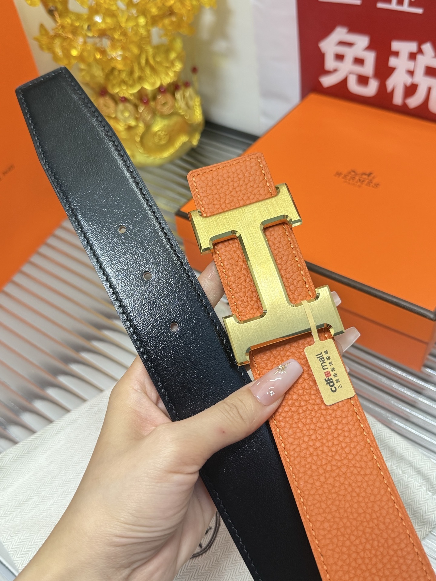 Hermes Orange Leather Belt with Gold H Buckle - Premium Accessory
