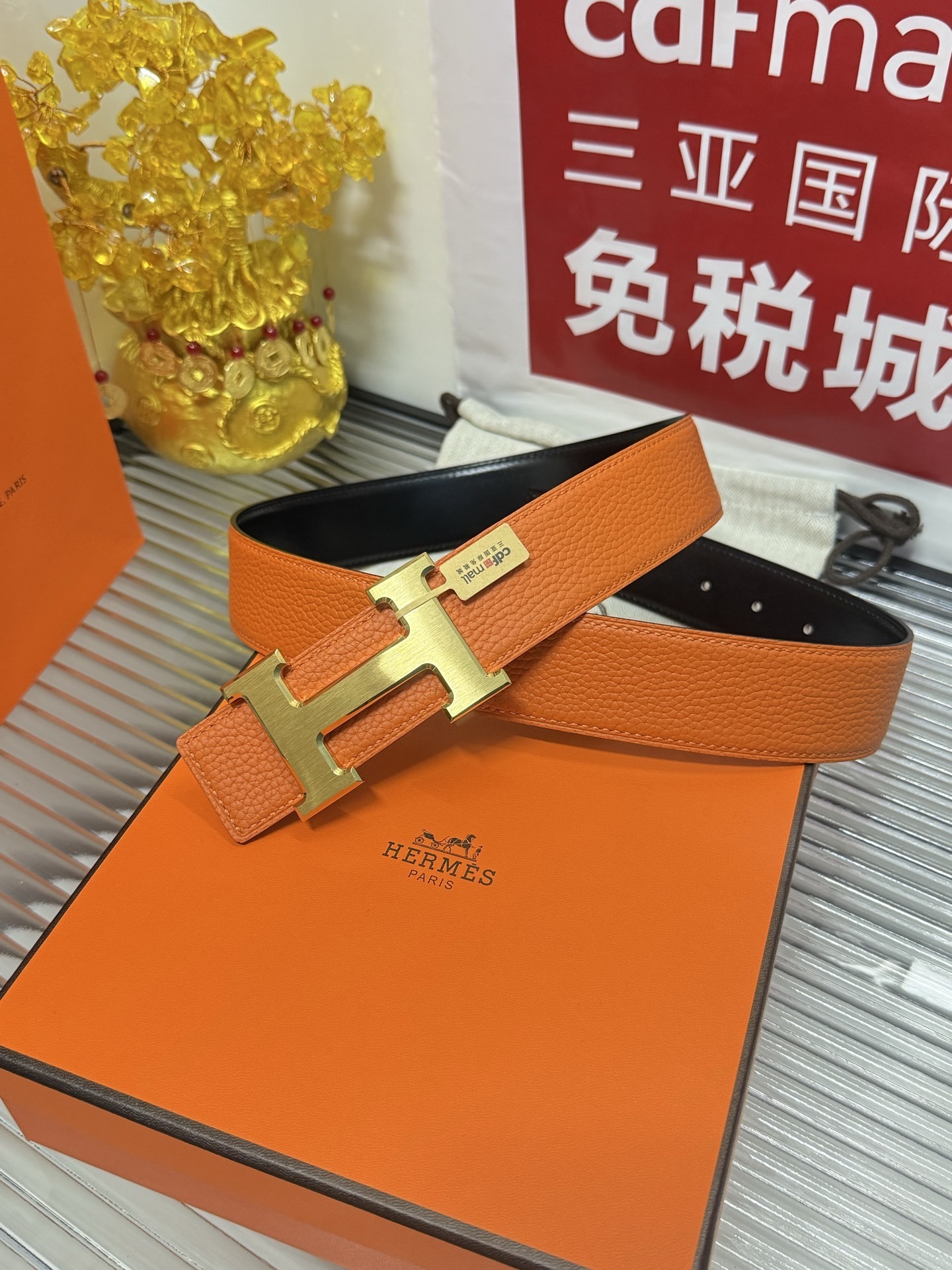 Hermes Orange Leather Belt with Gold H Buckle - Premium Accessory