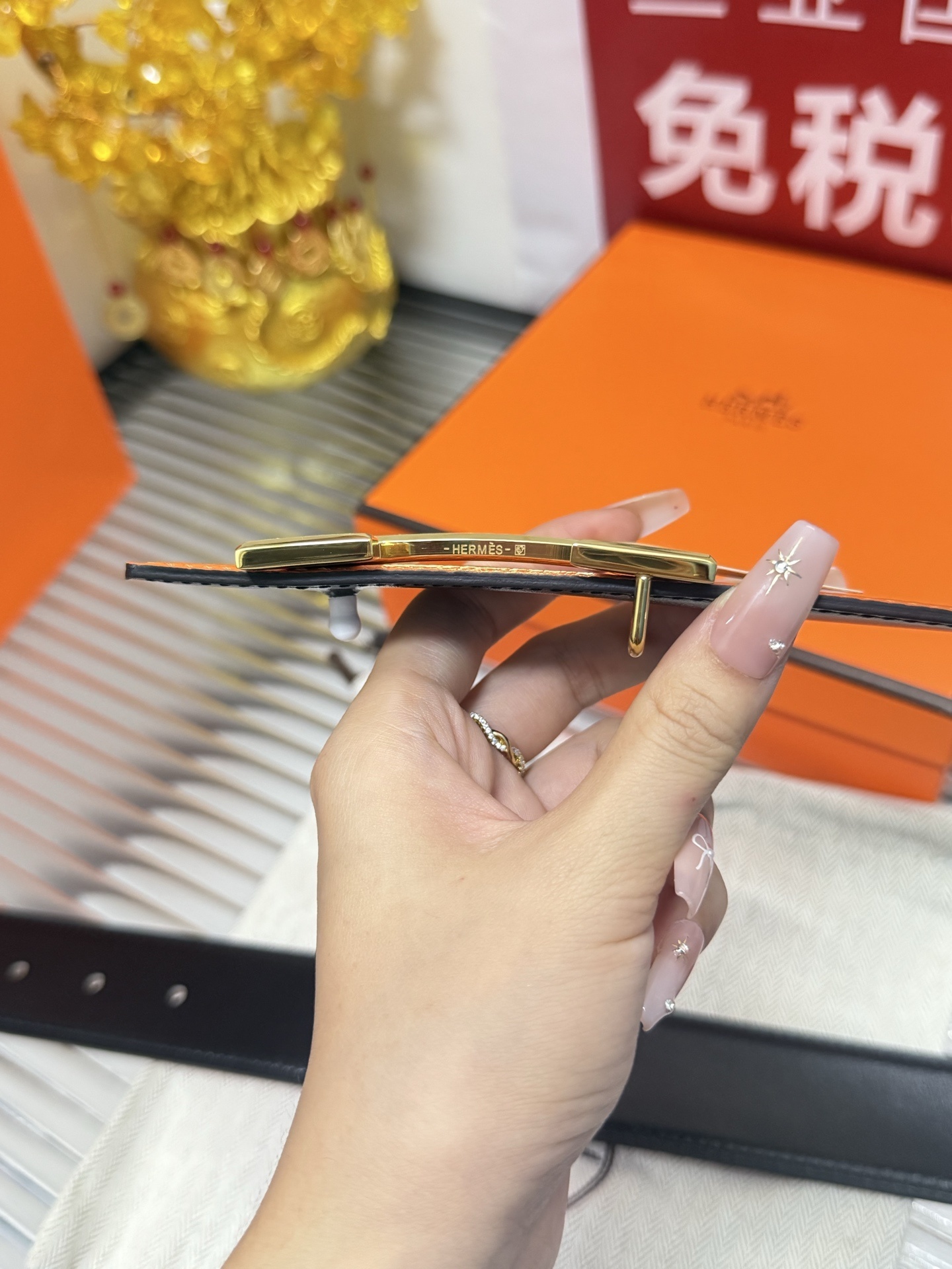 Hermes Orange Leather Belt with Gold H Buckle - Premium Accessory