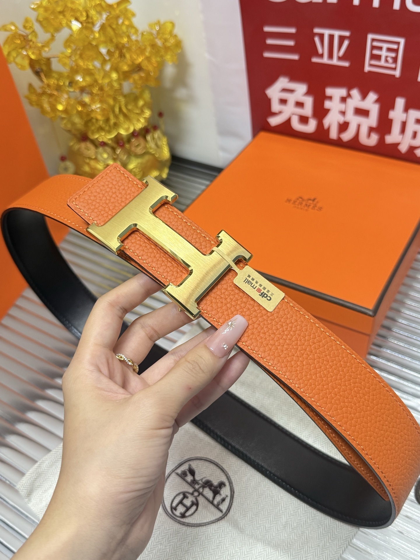 Hermes Orange Leather Belt with Gold H Buckle - Premium Accessory