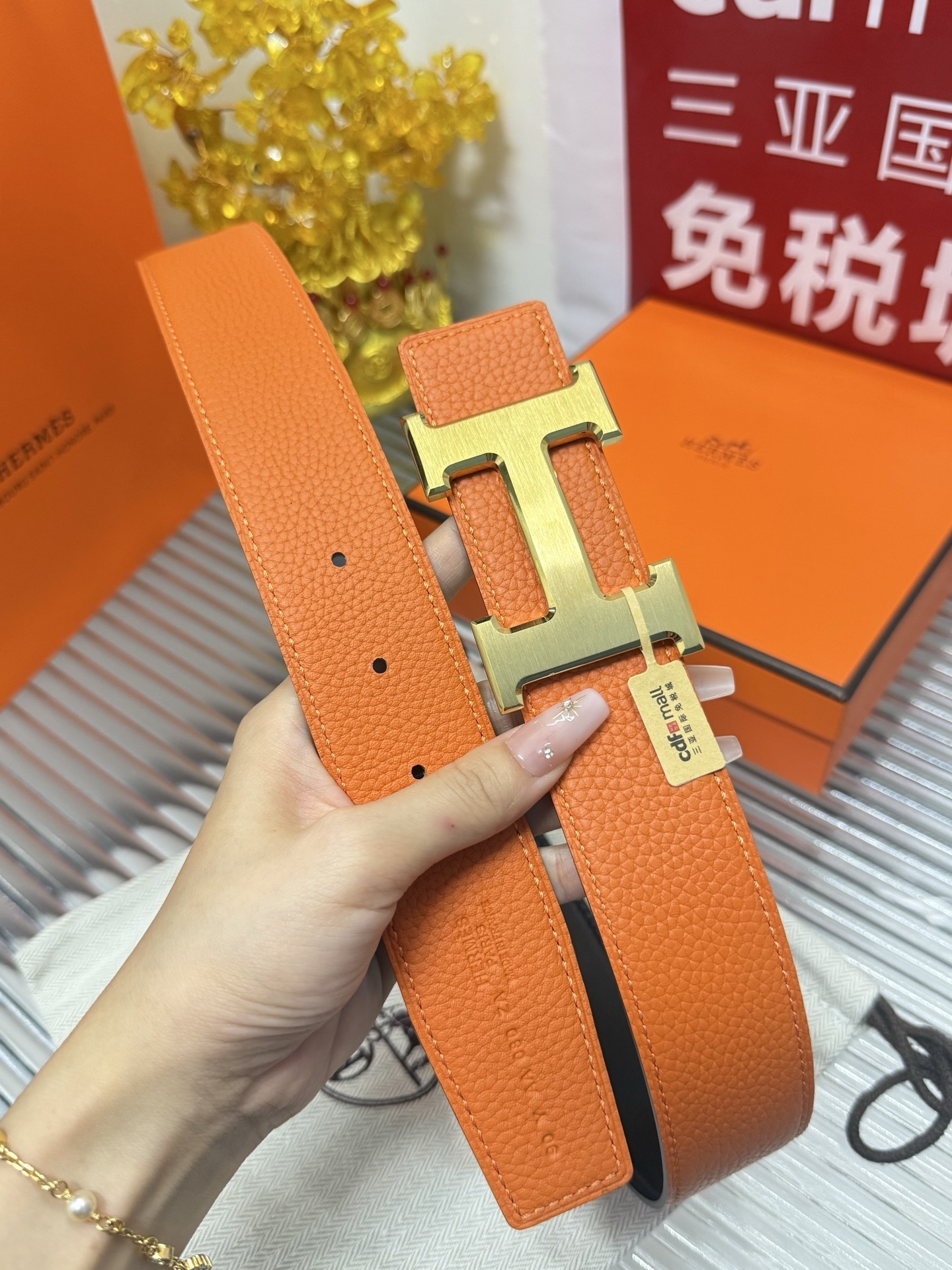 Hermes Orange Leather Belt with Gold H Buckle – Premium Accessory