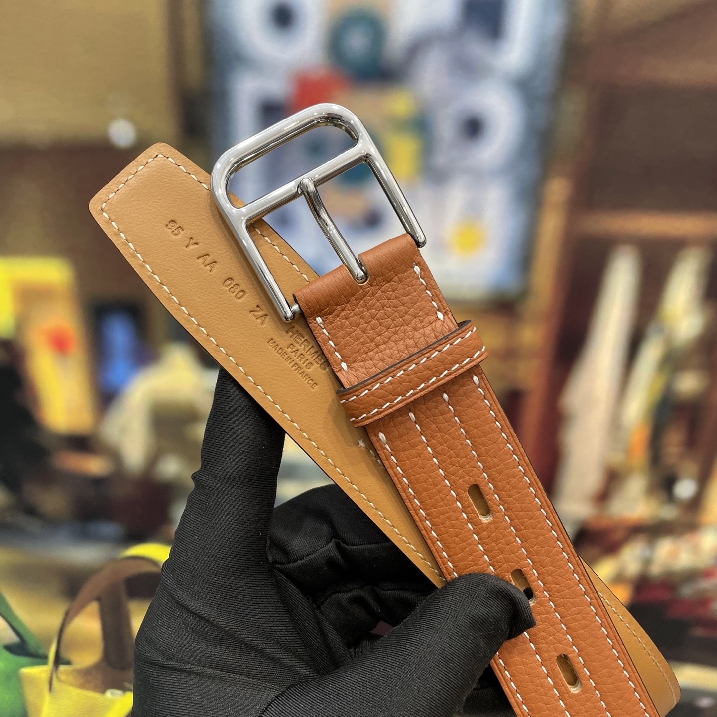 Luxury Tan Leather Belt with Silver Buckle & White Contrast Stitch
