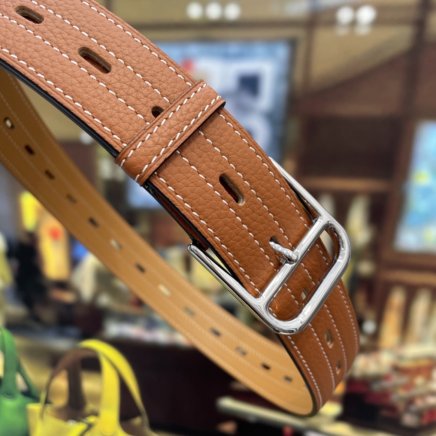 Luxury Tan Leather Belt with Silver Buckle & White Contrast Stitch