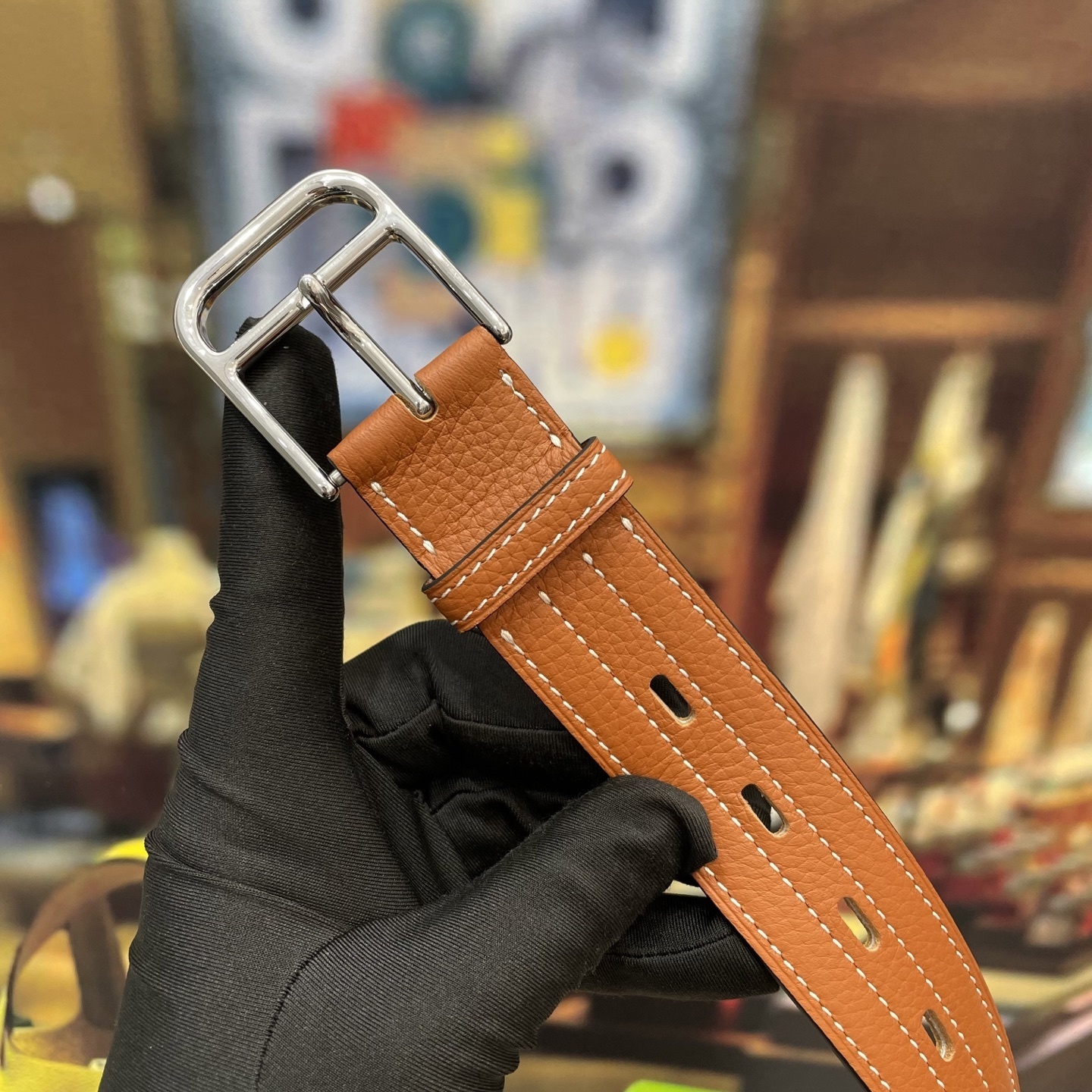 Luxury Tan Leather Belt with Silver Buckle & White Contrast Stitch