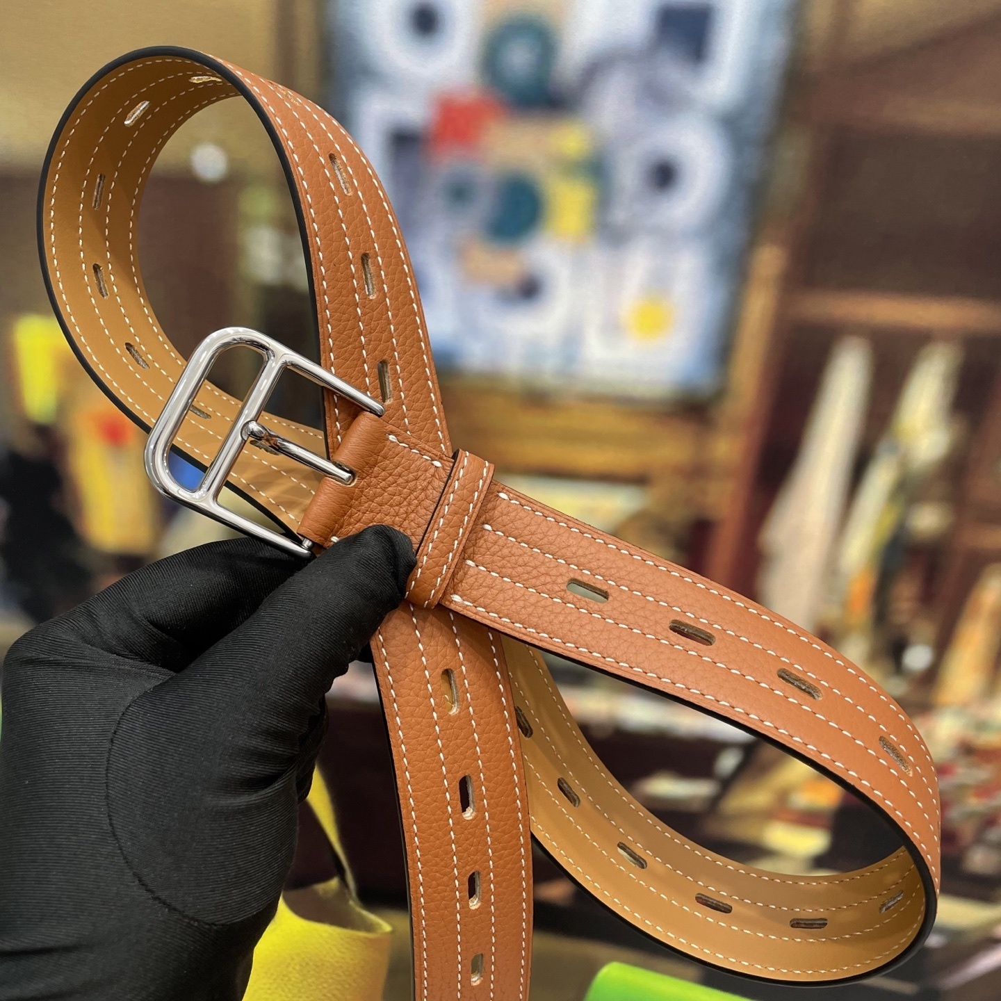 Luxury Tan Leather Belt with Silver Buckle & White Contrast Stitch