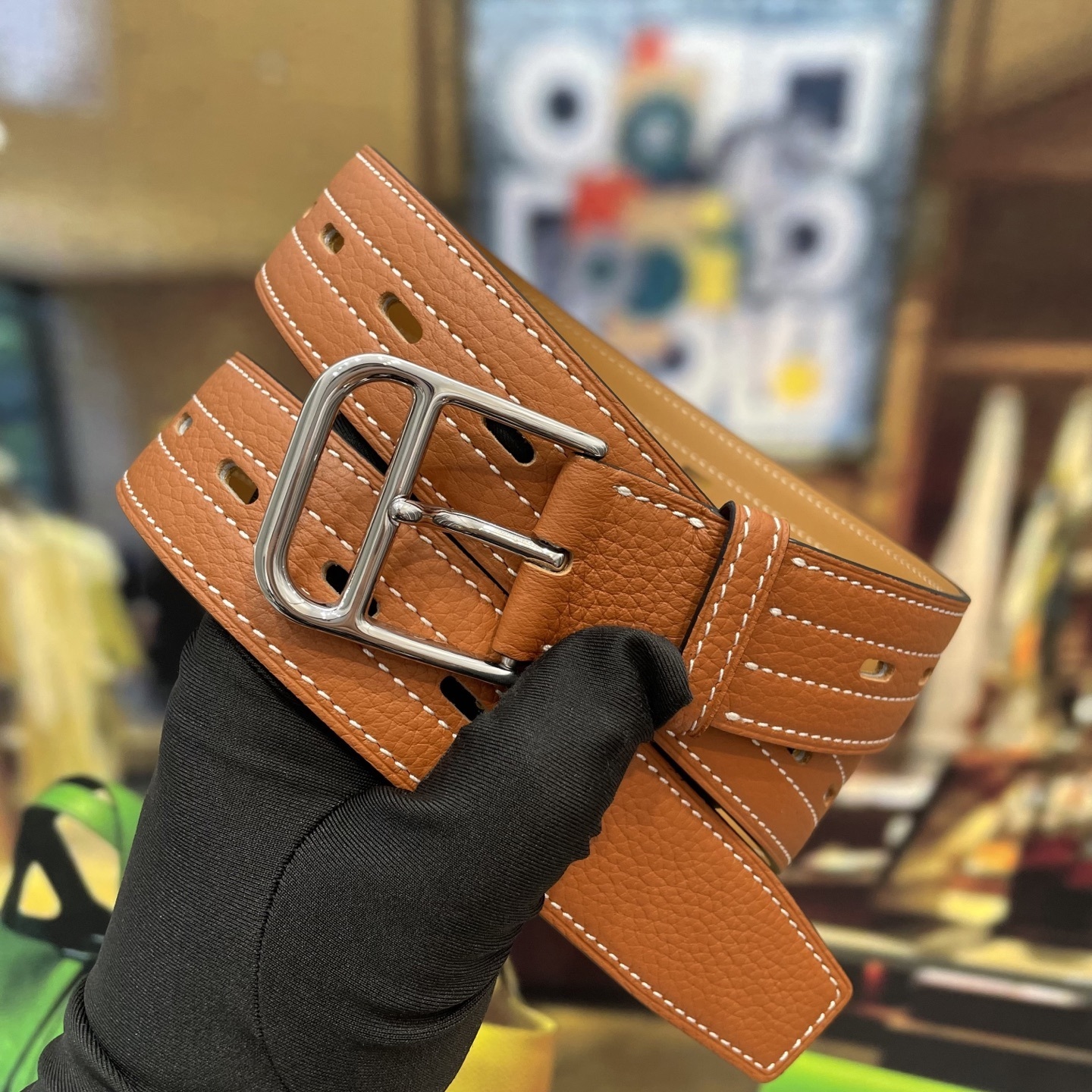 Luxury Tan Leather Belt with Silver Buckle & White Contrast Stitch