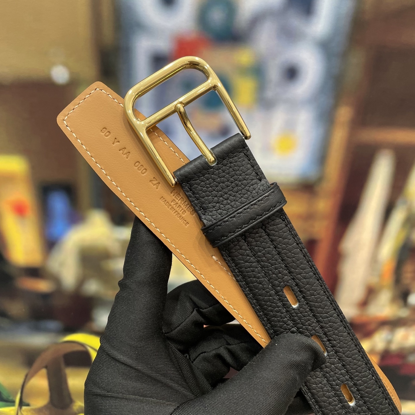 Premium Black Pebbled Leather Belt with Elegant Gold Buckle