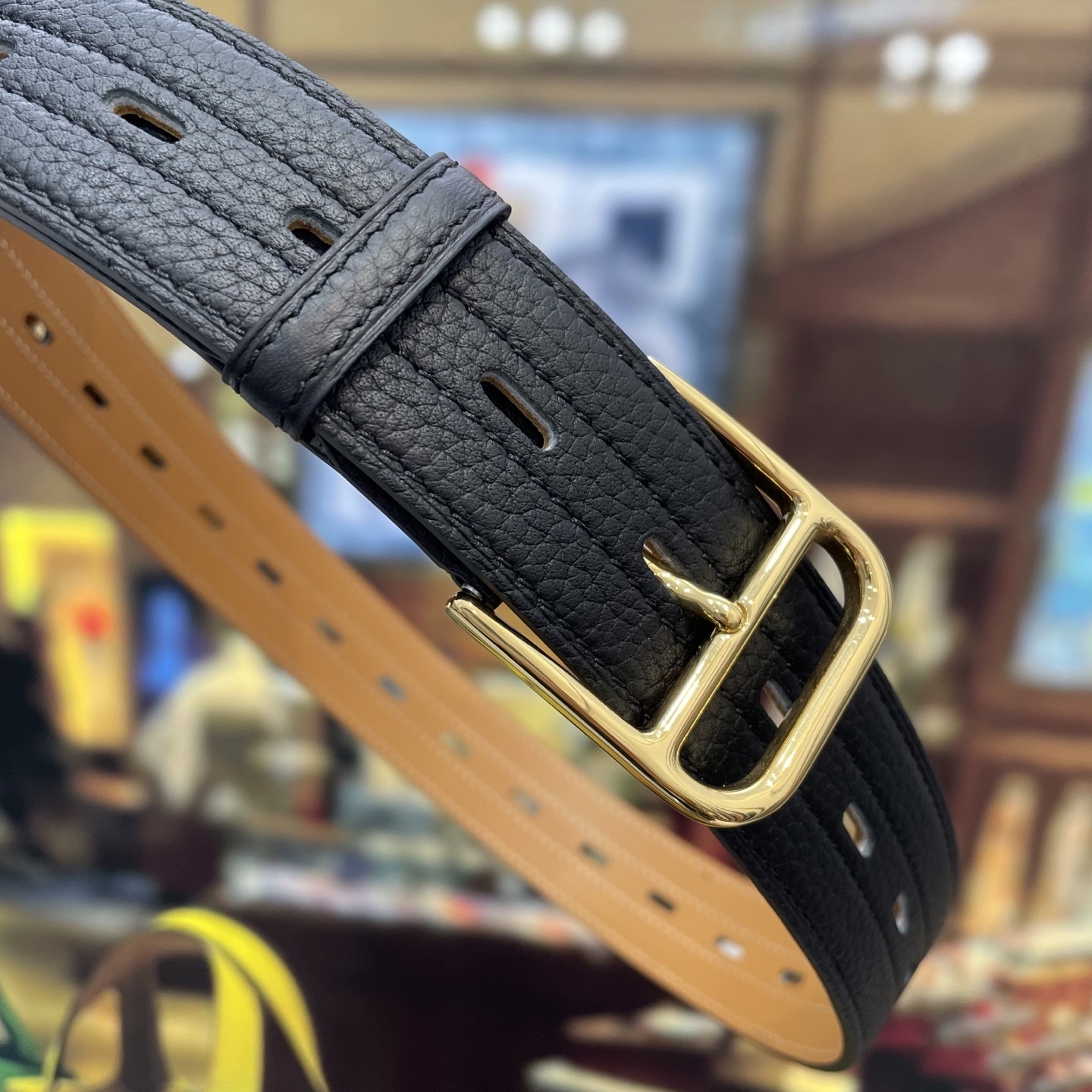 Premium Black Pebbled Leather Belt with Elegant Gold Buckle