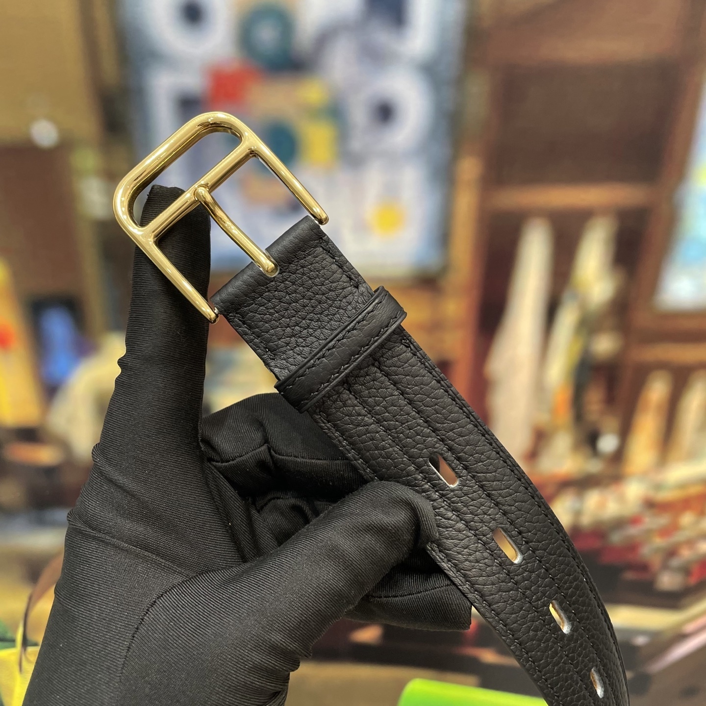 Premium Black Pebbled Leather Belt with Elegant Gold Buckle