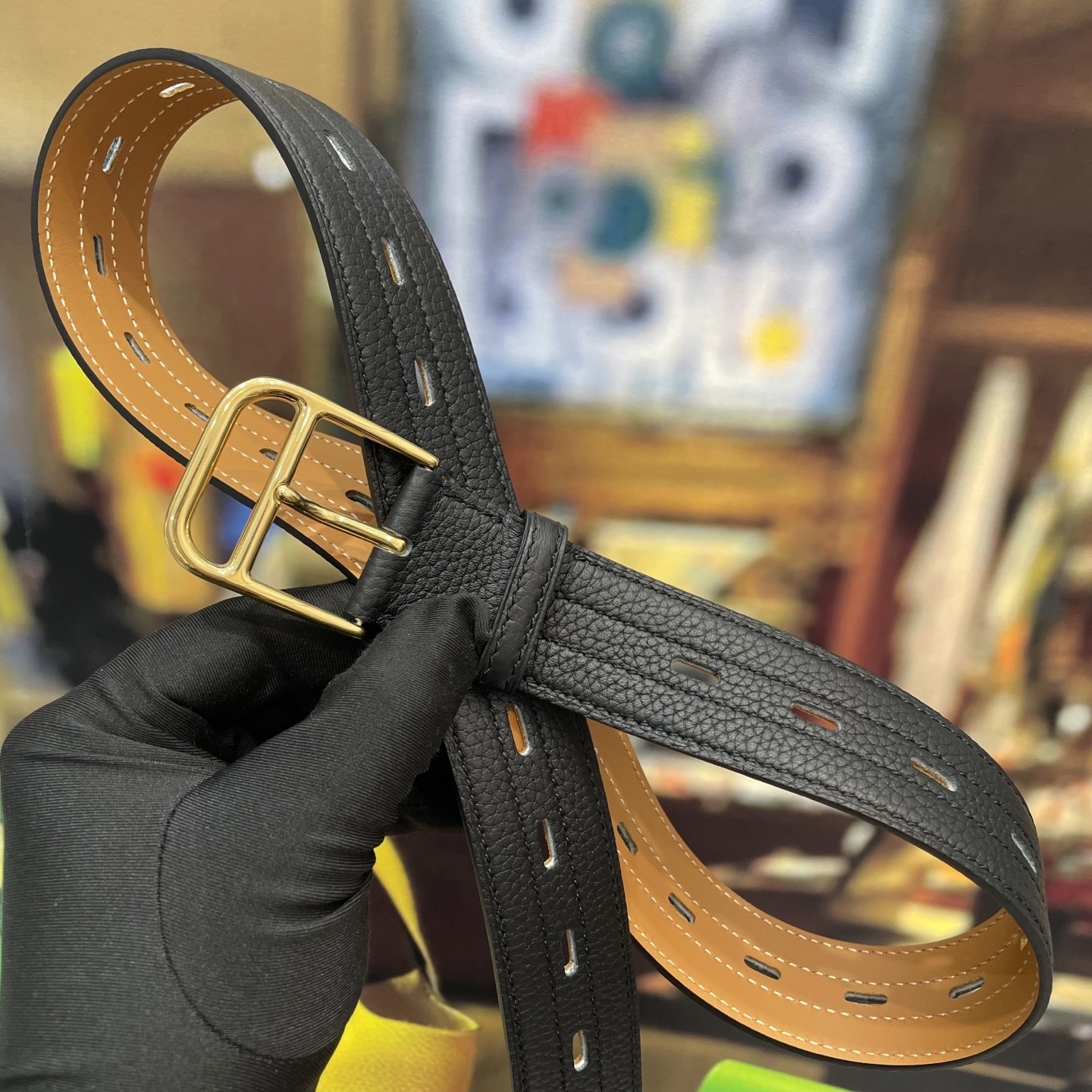 Premium Black Pebbled Leather Belt with Elegant Gold Buckle