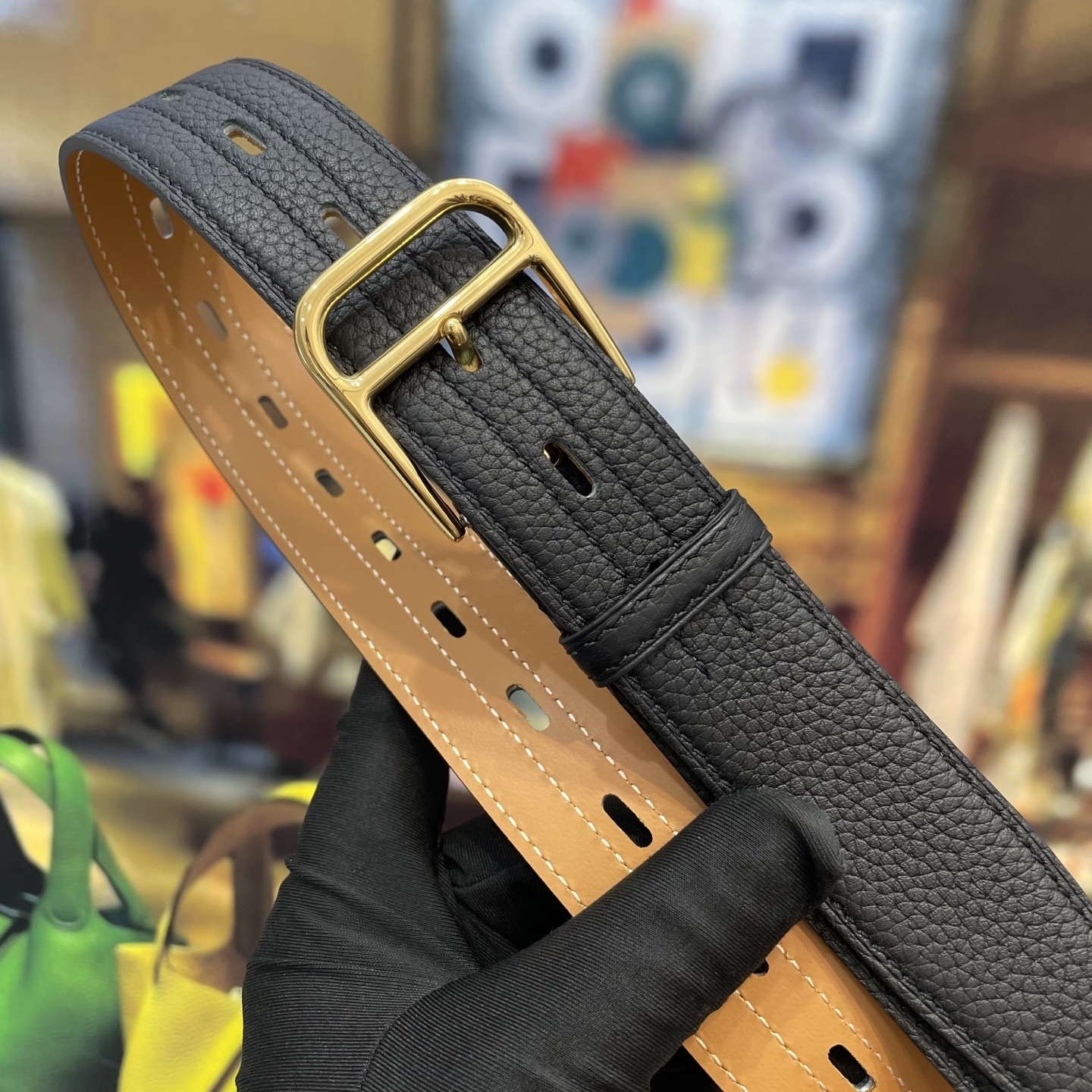 Premium Black Pebbled Leather Belt with Elegant Gold Buckle
