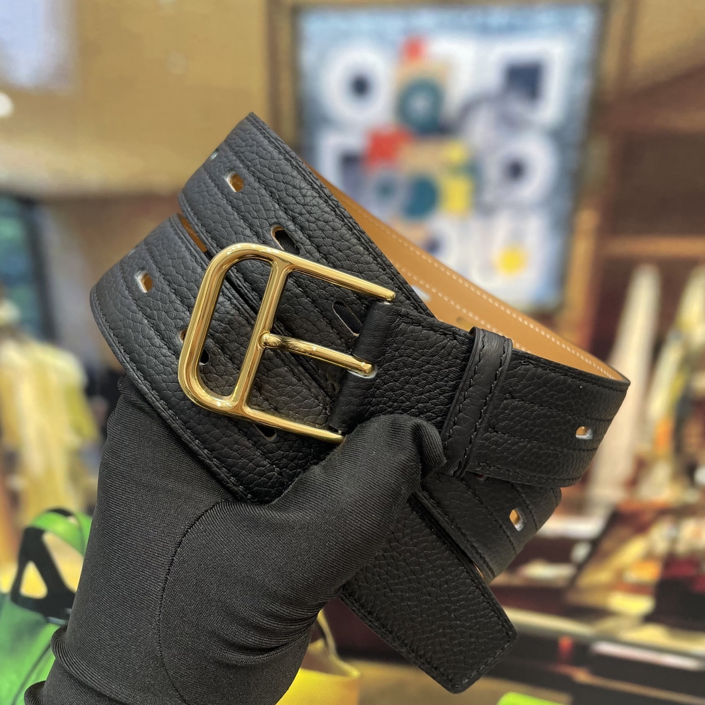 Premium Black Pebbled Leather Belt with Elegant Gold Buckle