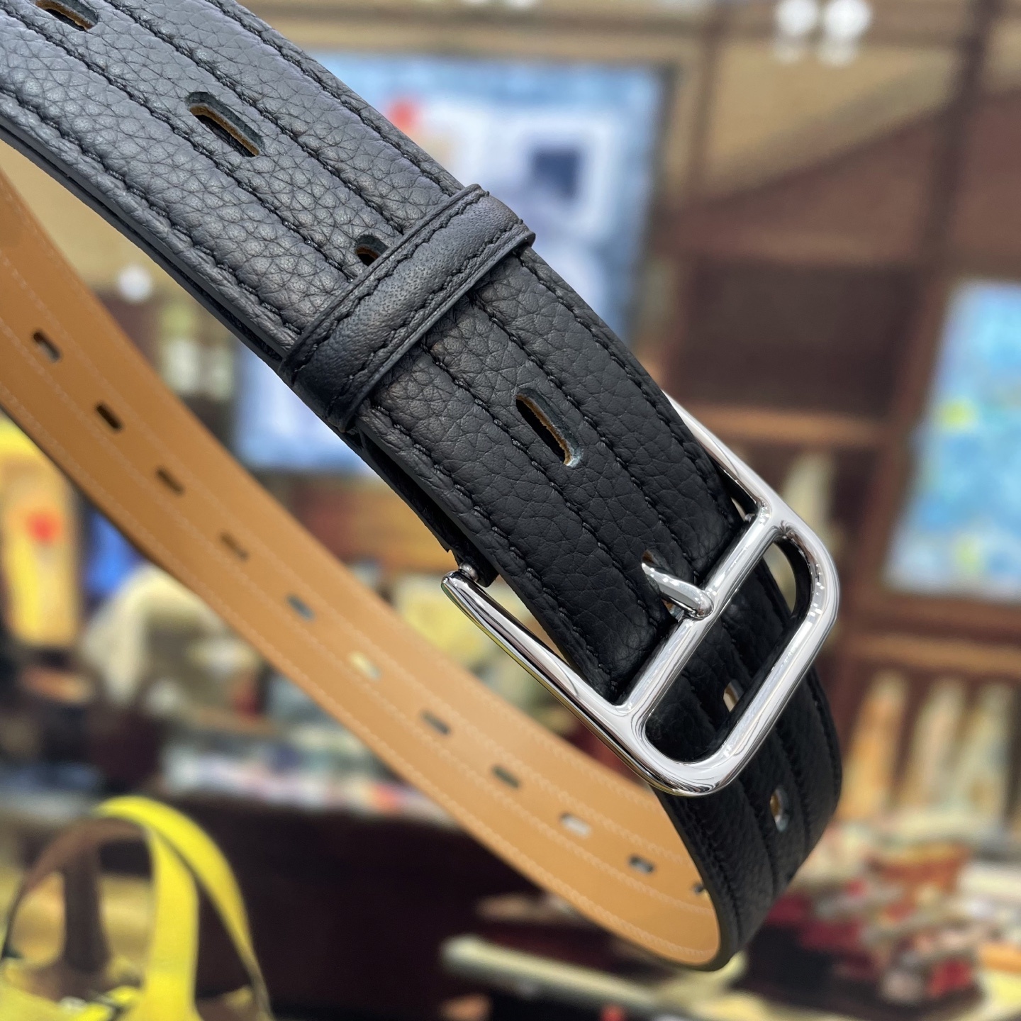 Luxury Men's Black Grained Leather Belt with Polished Silver Buckle