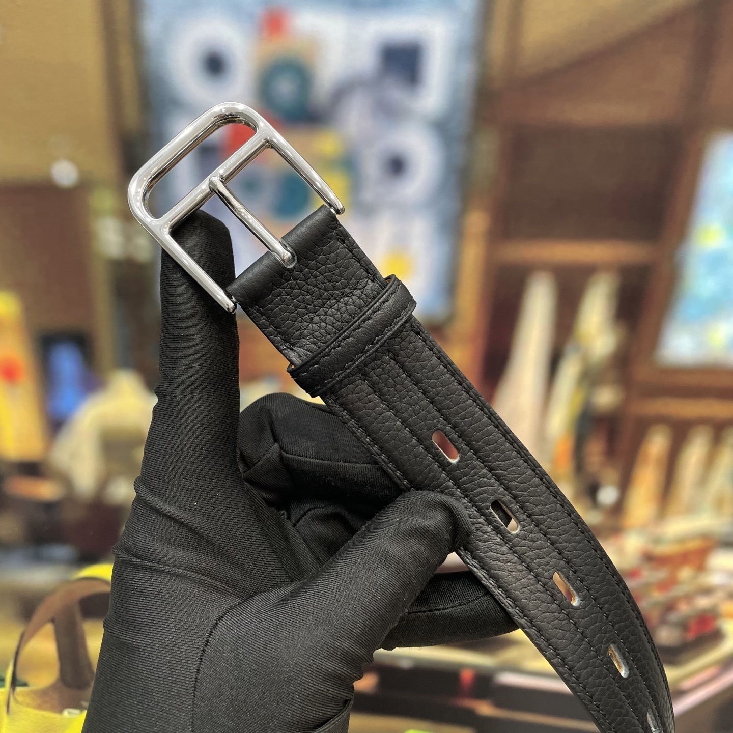 Luxury Men's Black Grained Leather Belt with Polished Silver Buckle