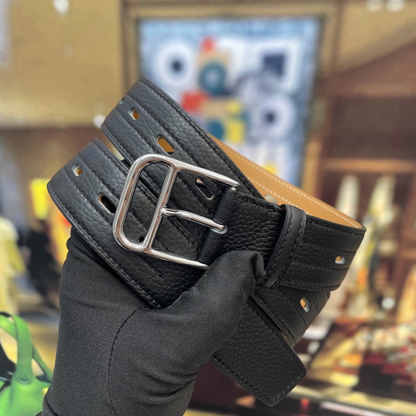 Luxury Men’s Black Grained Leather Belt with Polished Silver Buckle