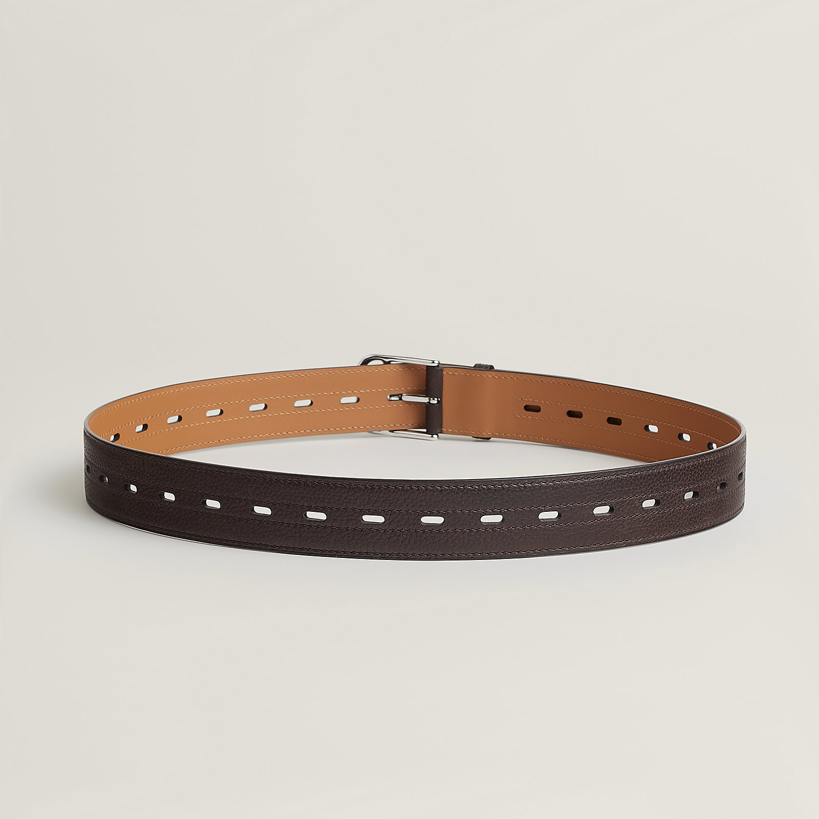 Premium Brown Leather Perforated Belt with Silver-Tone Buckle