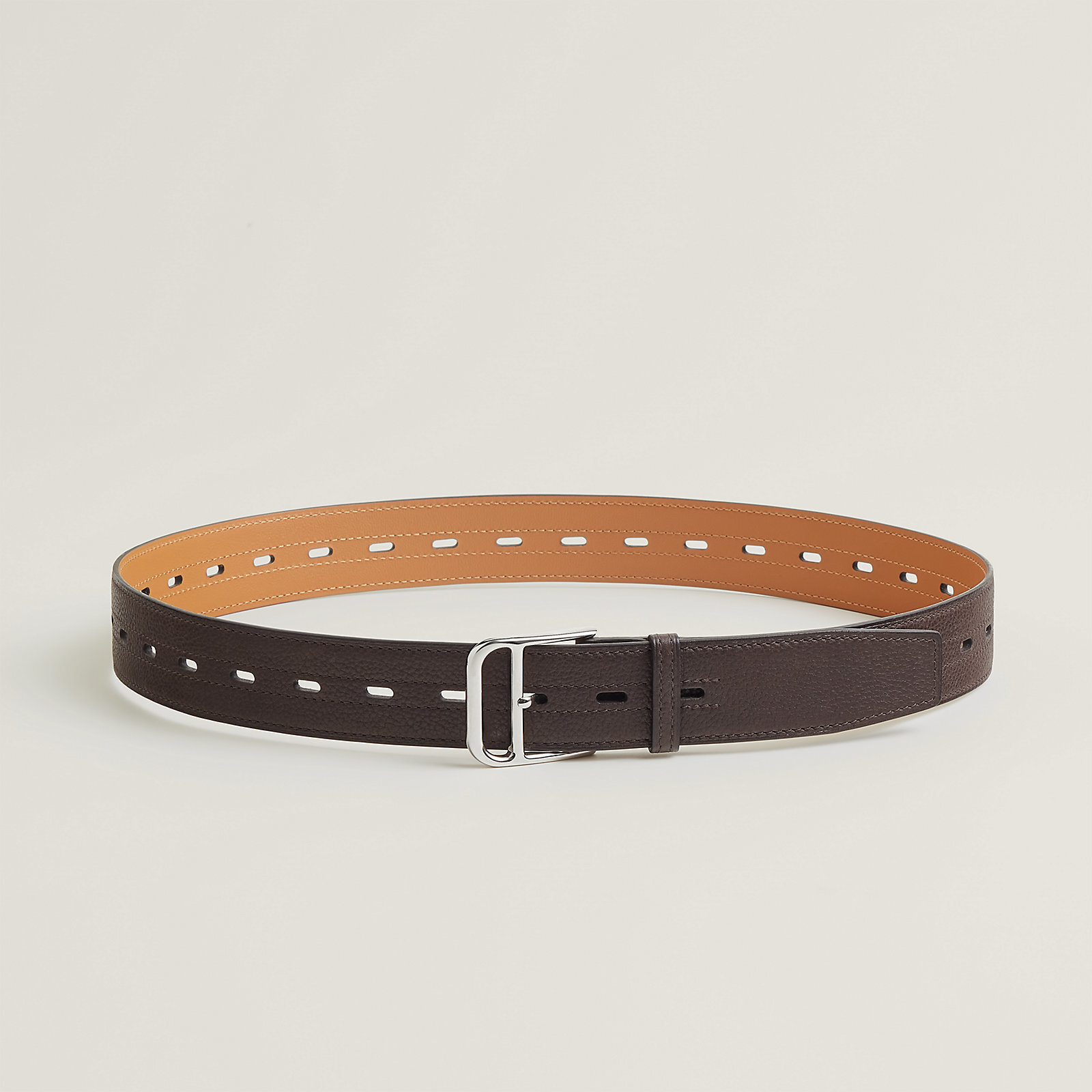 Premium Brown Leather Perforated Belt with Silver-Tone Buckle