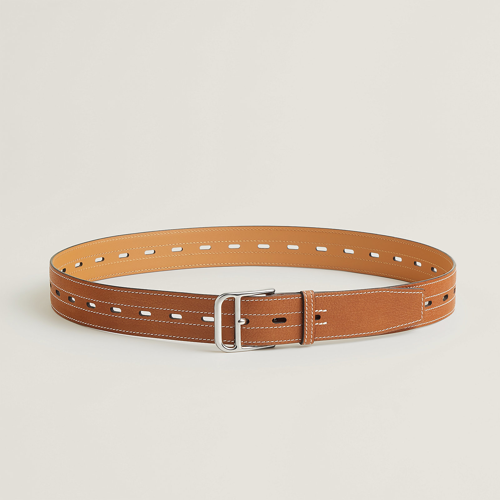 Premium Brown Leather Perforated Belt with Silver-Tone Buckle