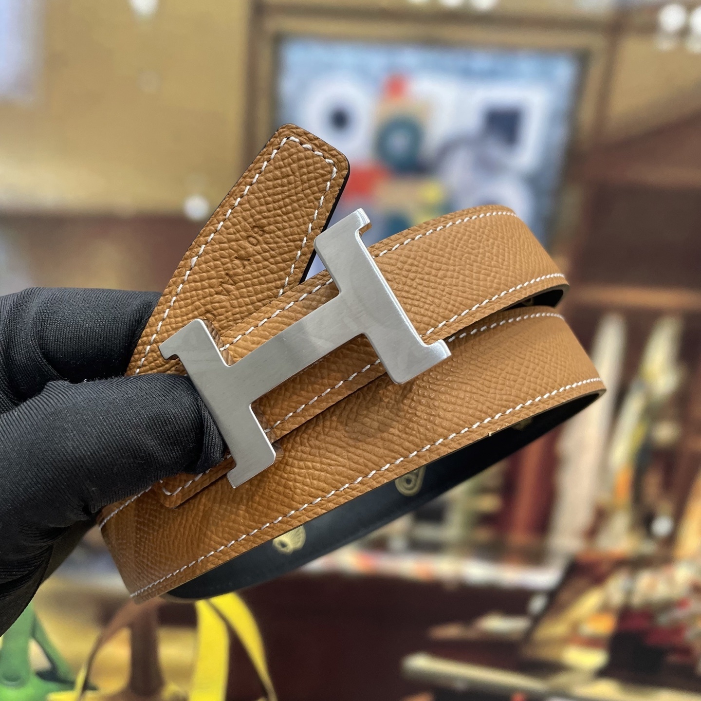 Hermès Men's H Belt in Tan Leather with Brushed Silver Buckle