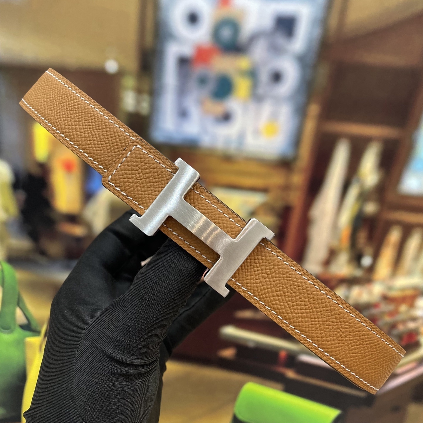 Hermès Men’s H Belt in Tan Leather with Brushed Silver Buckle