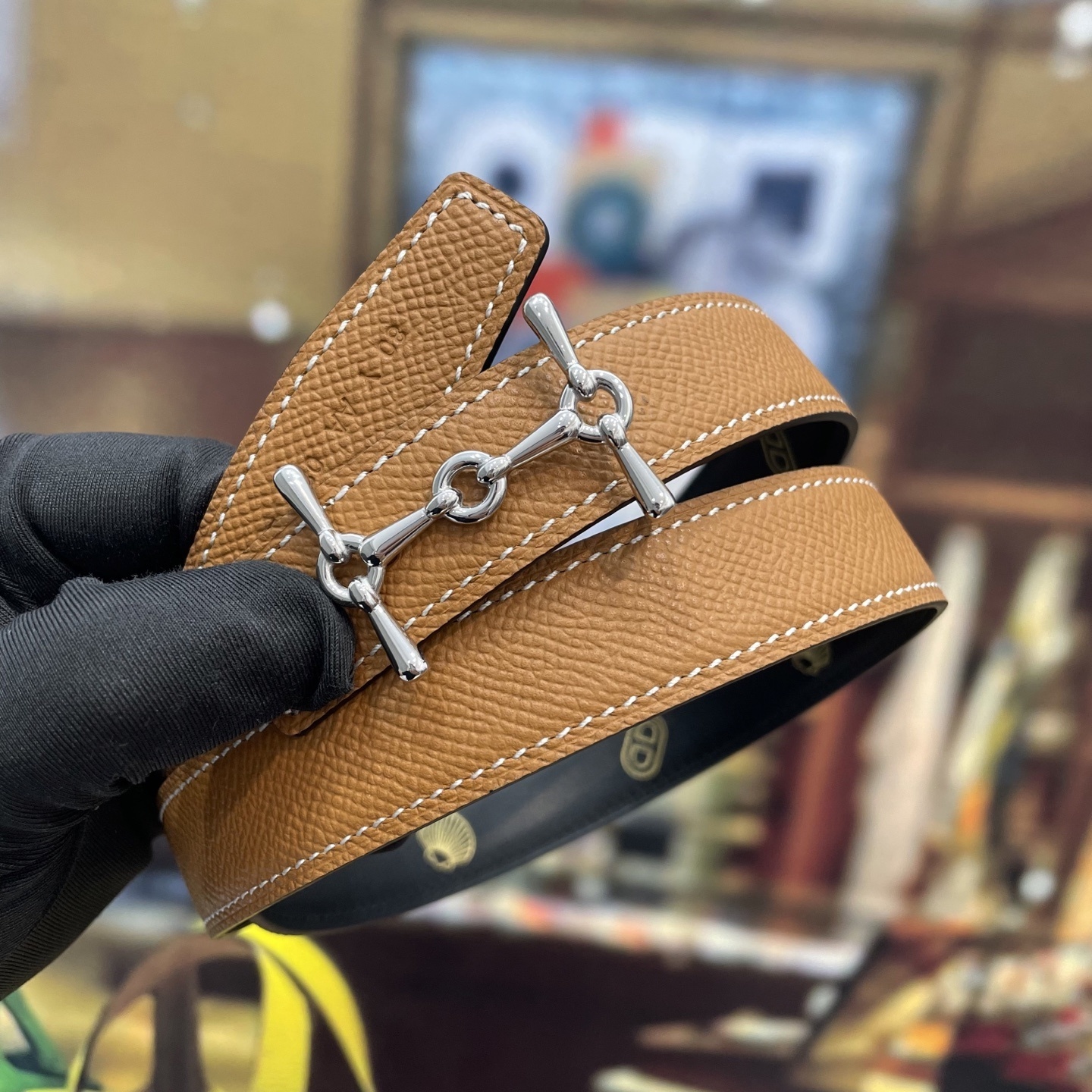 Luxury Tan Grained Leather Belt with Silver Mors Hardware