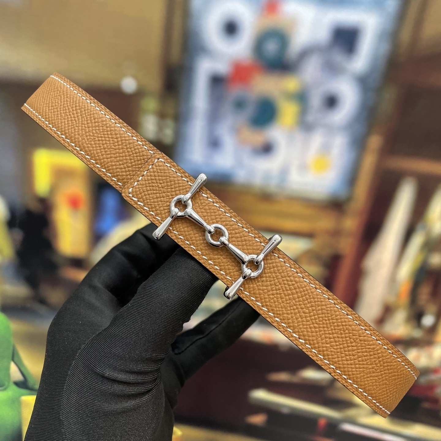 Luxury Tan Grained Leather Belt with Silver Mors Hardware