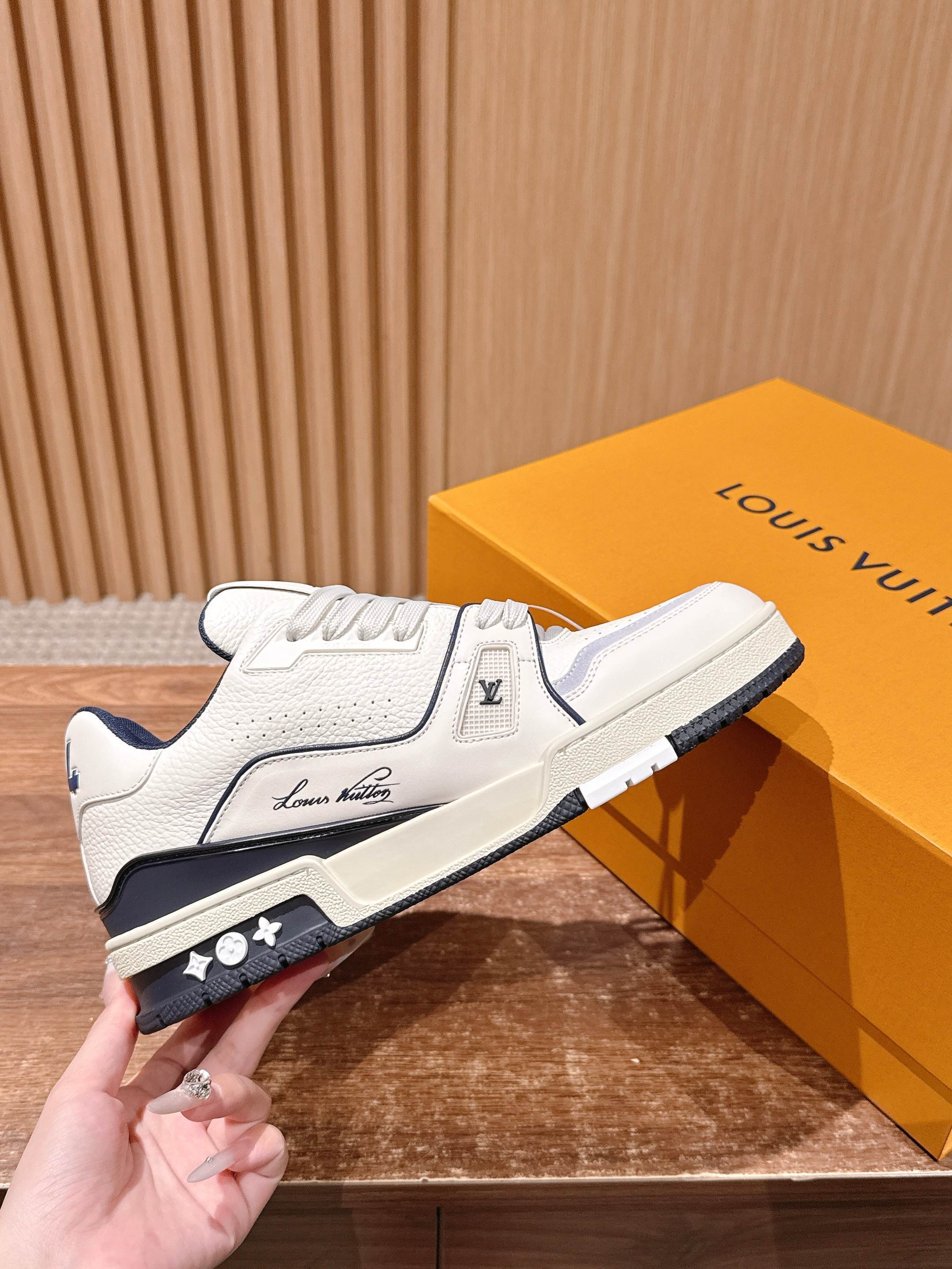 Louis Vuitton LV Trainer Sneakers - White & Navy Blue Luxury Shoes