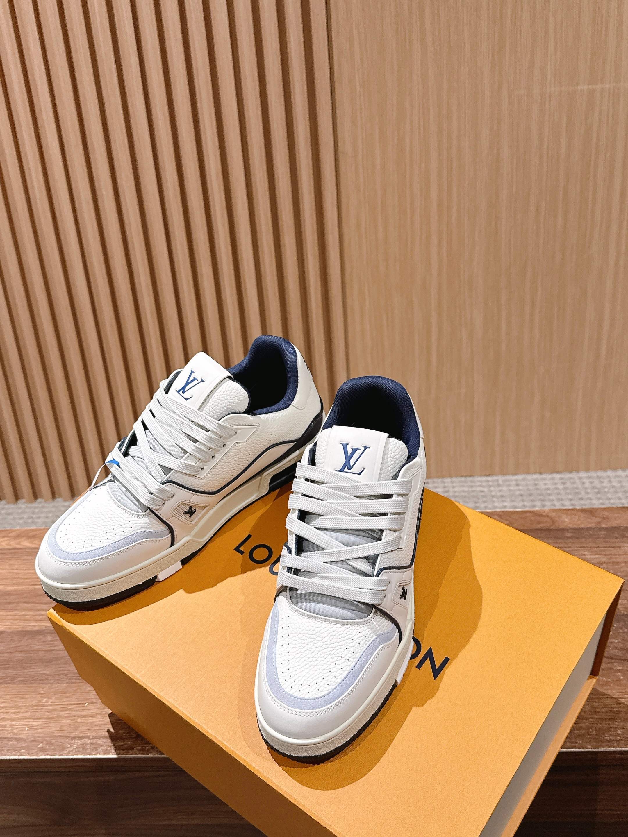 Louis Vuitton LV Trainer Sneakers - White & Navy Blue Luxury Shoes