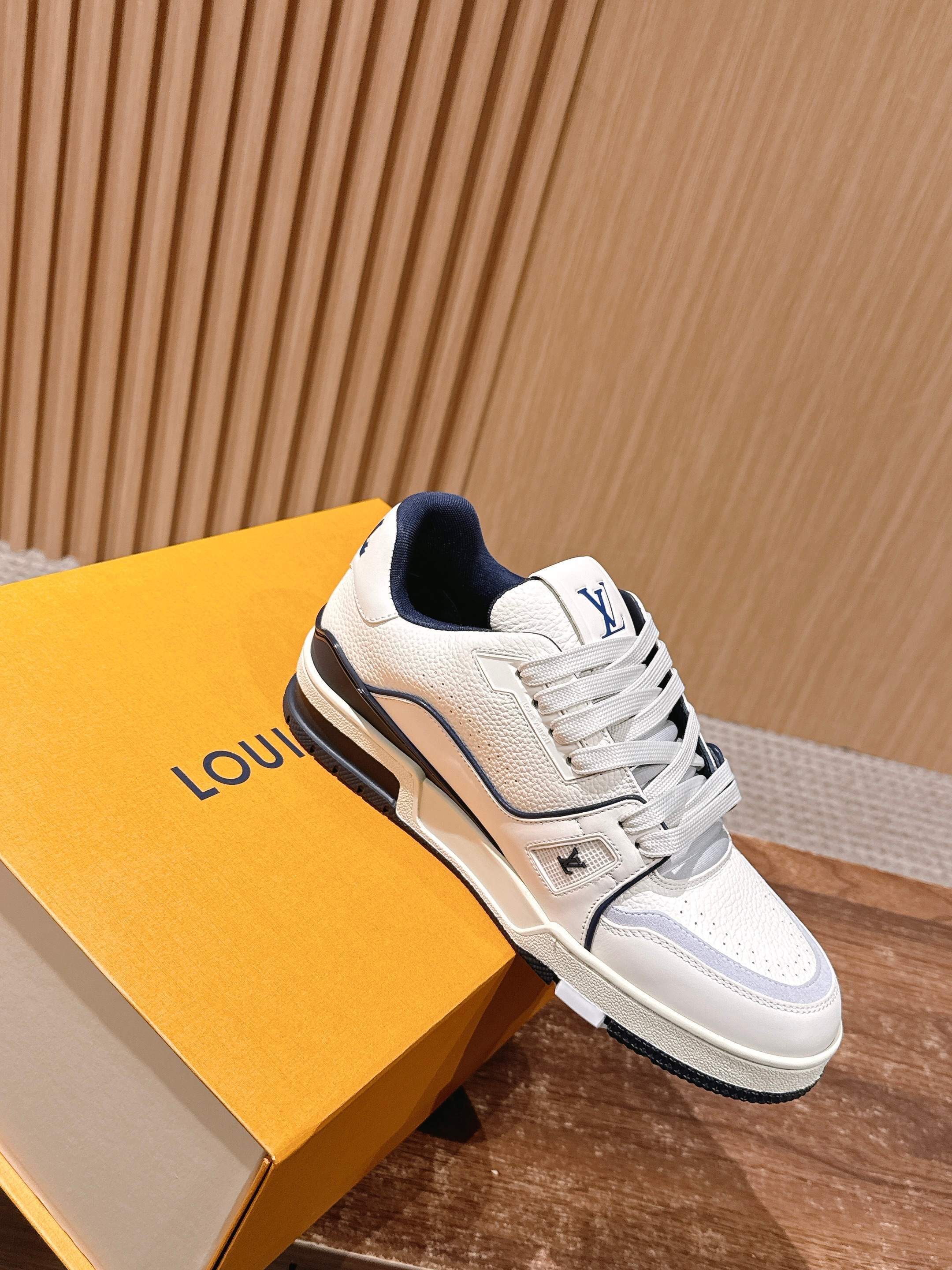 Louis Vuitton LV Trainer Sneakers - White & Navy Blue Luxury Shoes