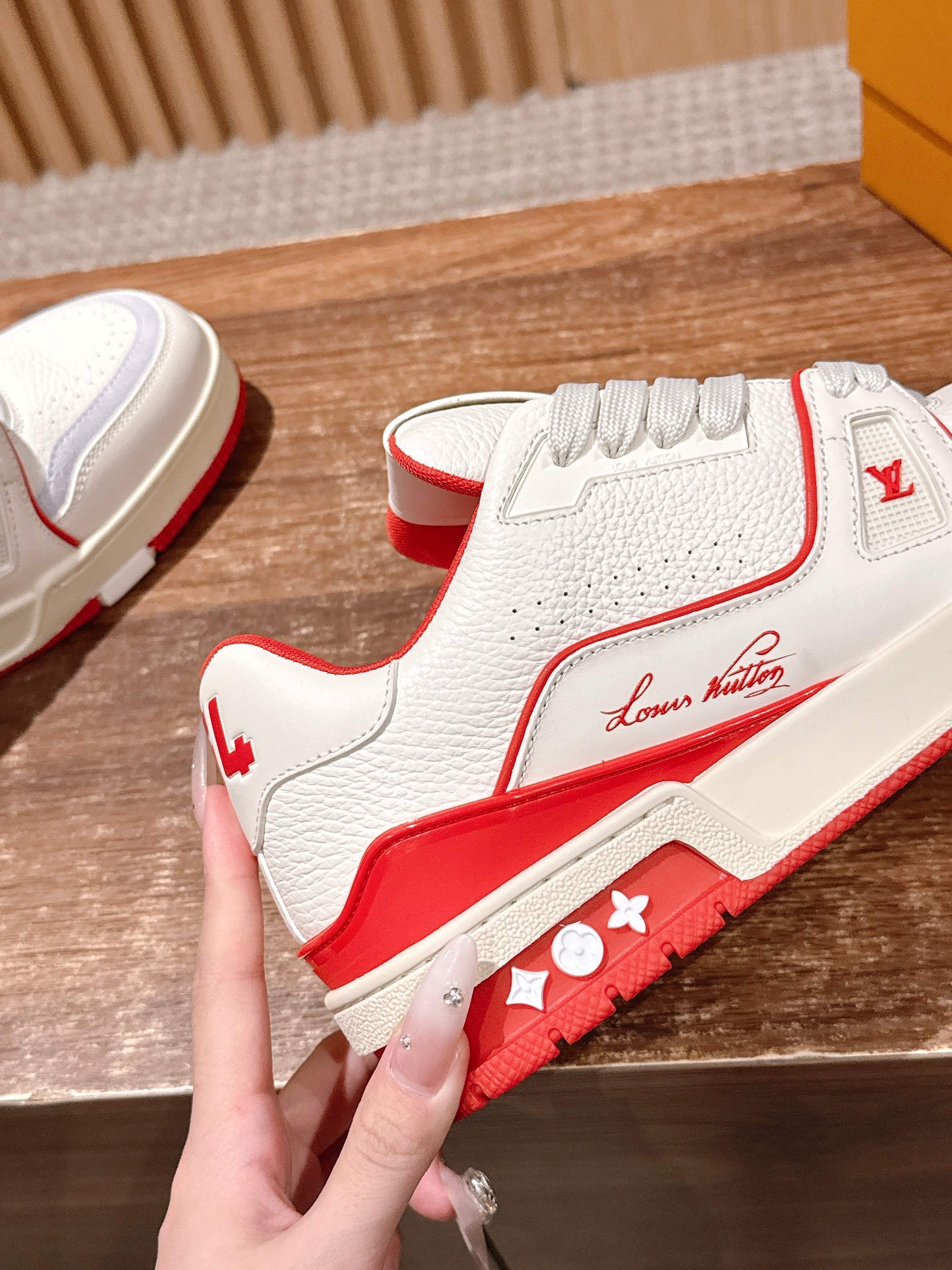 LV Trainer Sneaker - Men's White & Red Luxury Leather Shoes