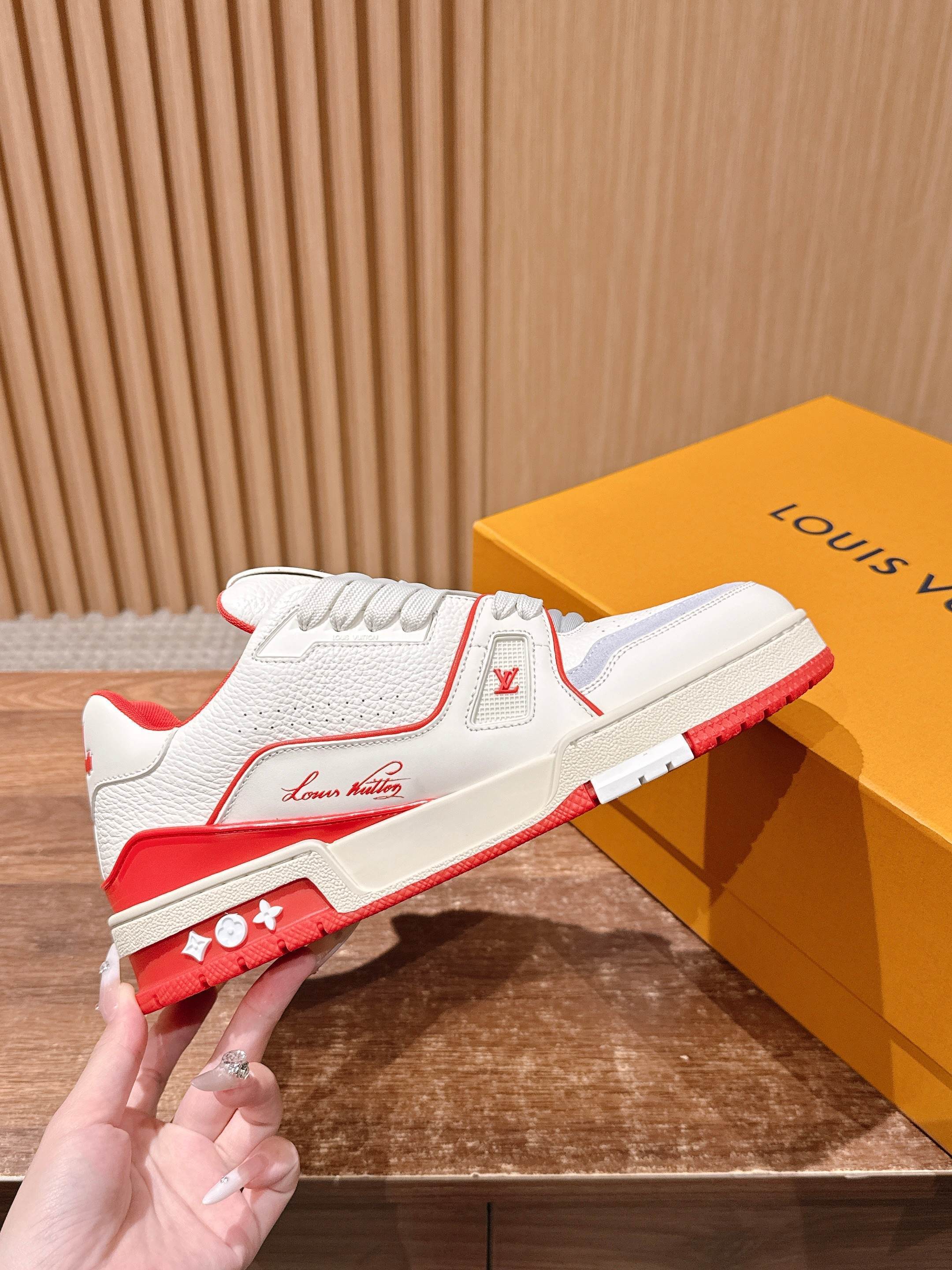LV Trainer Sneaker - Men's White & Red Luxury Leather Shoes