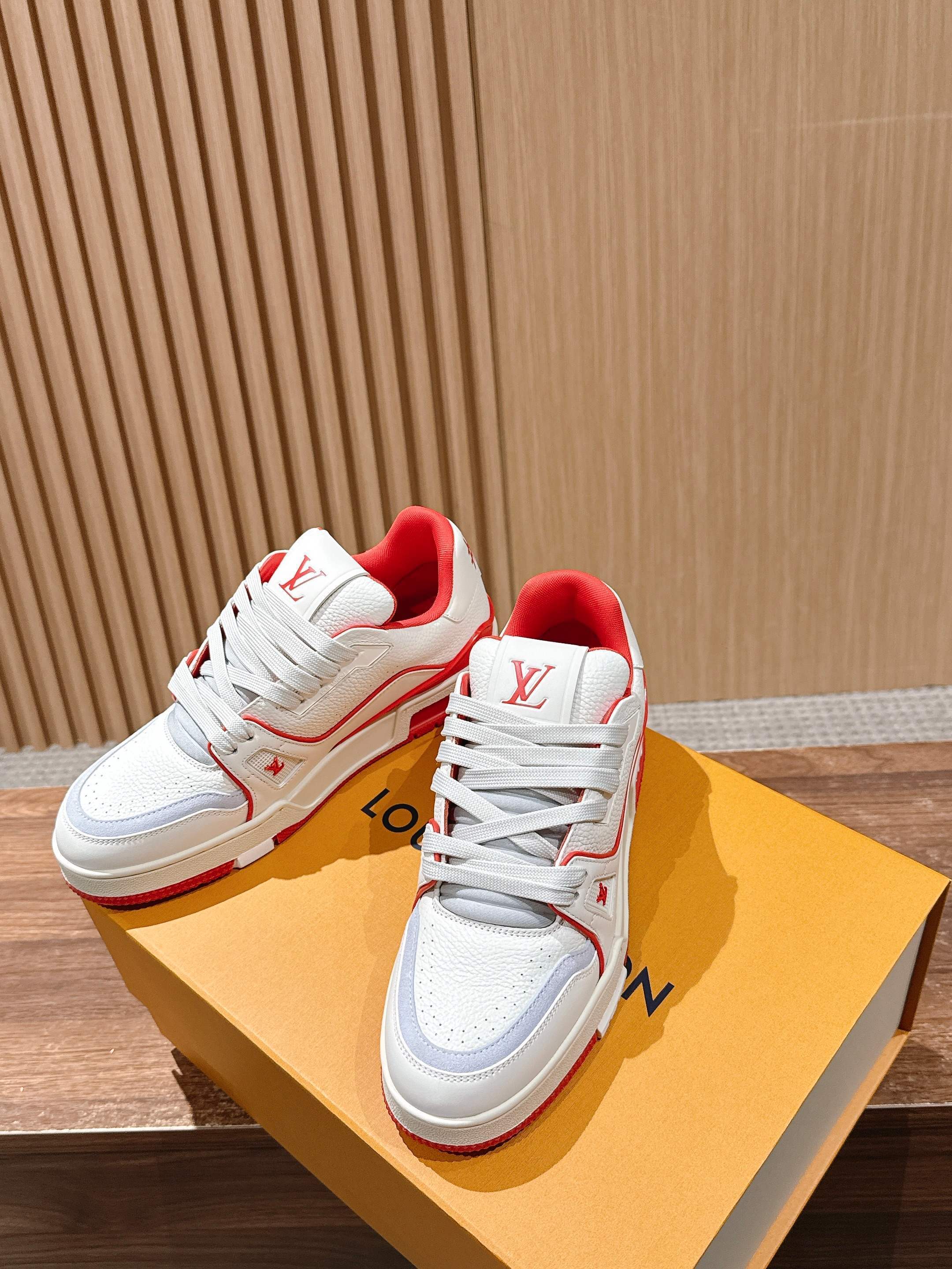 LV Trainer Sneaker - Men's White & Red Luxury Leather Shoes