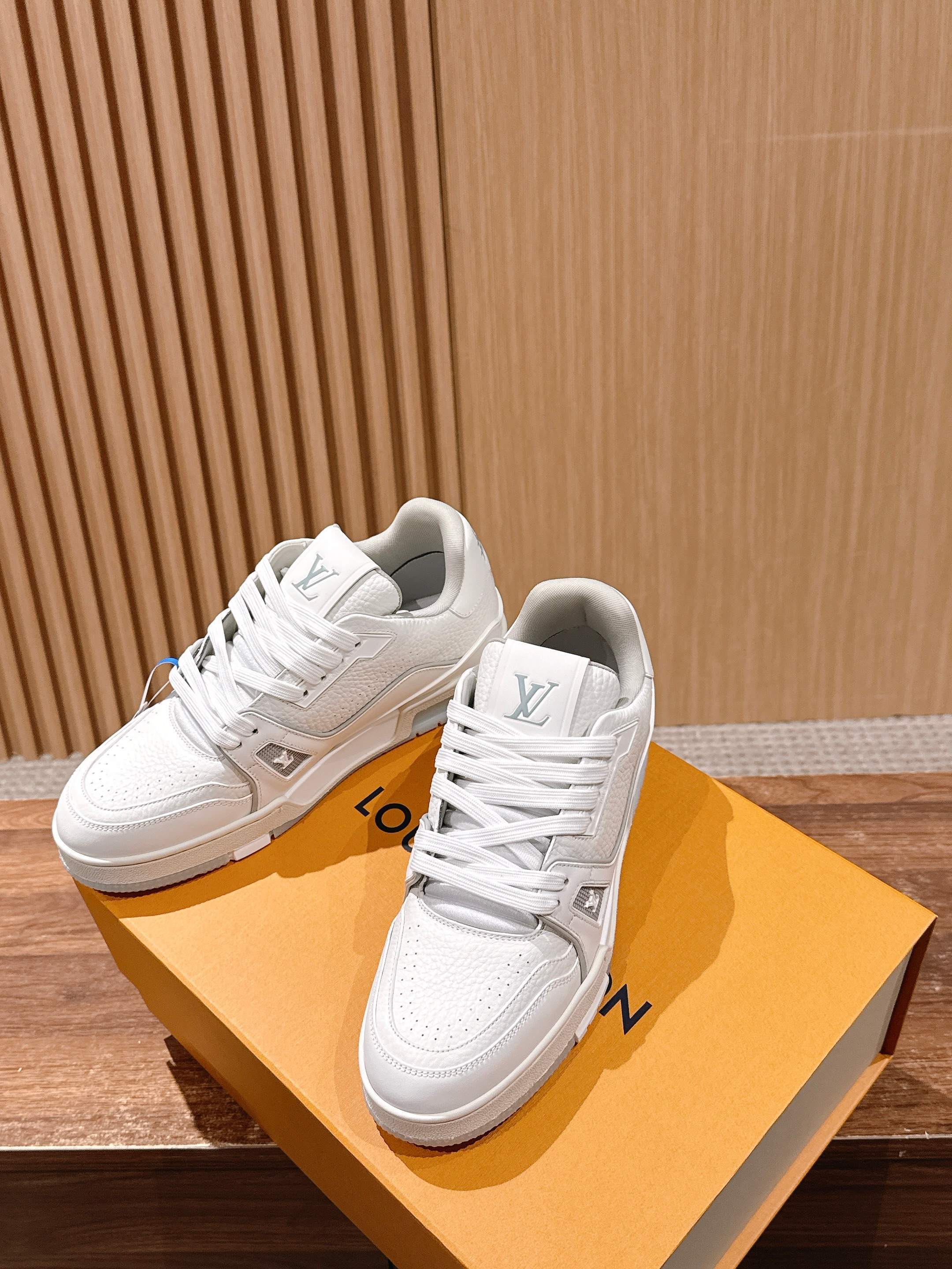 Louis Vuitton White Grained Calf Leather LV Trainer Sneakers