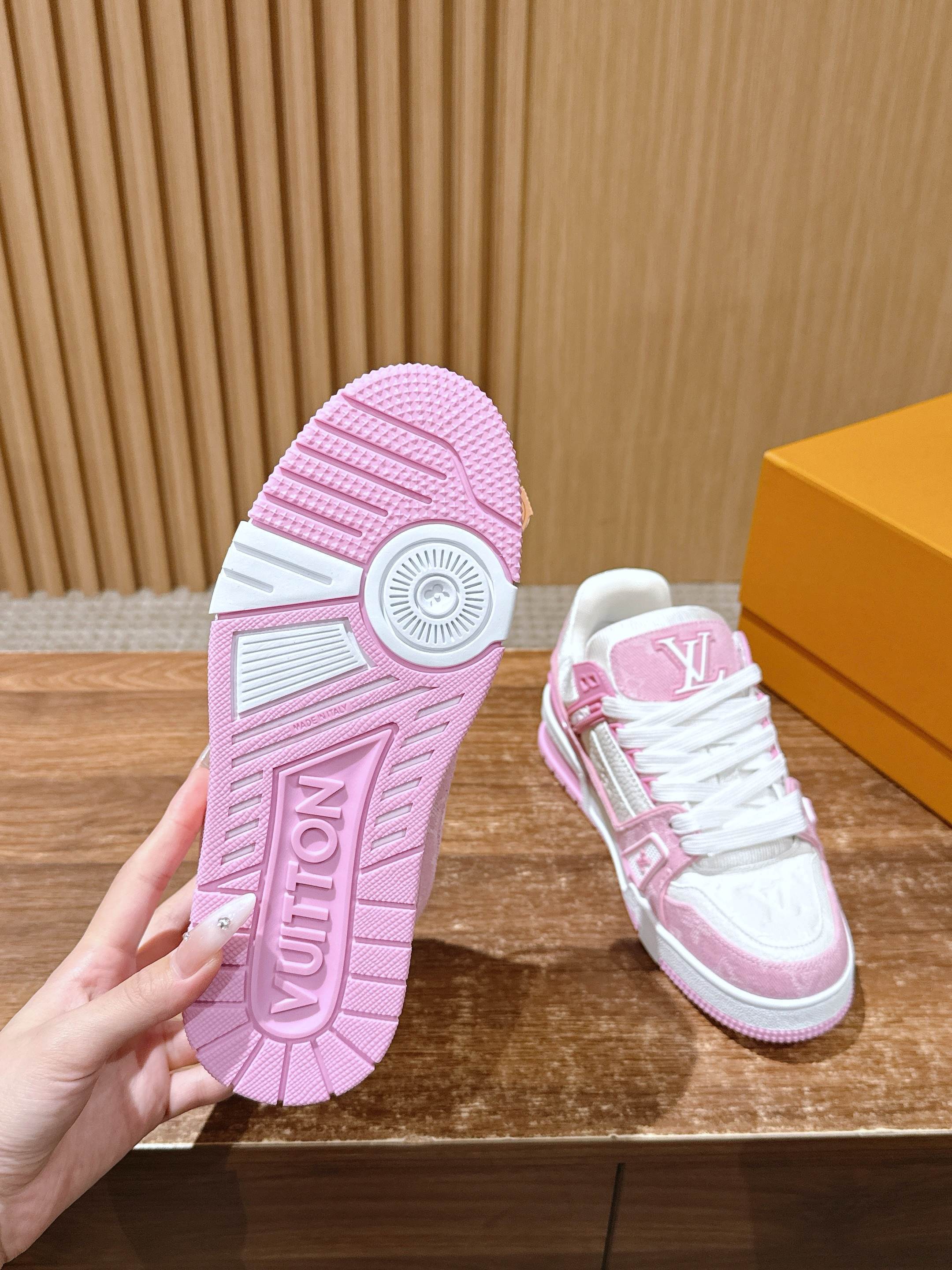 Louis Vuitton Pink & White Monogram Trainer Sneakers for Women
