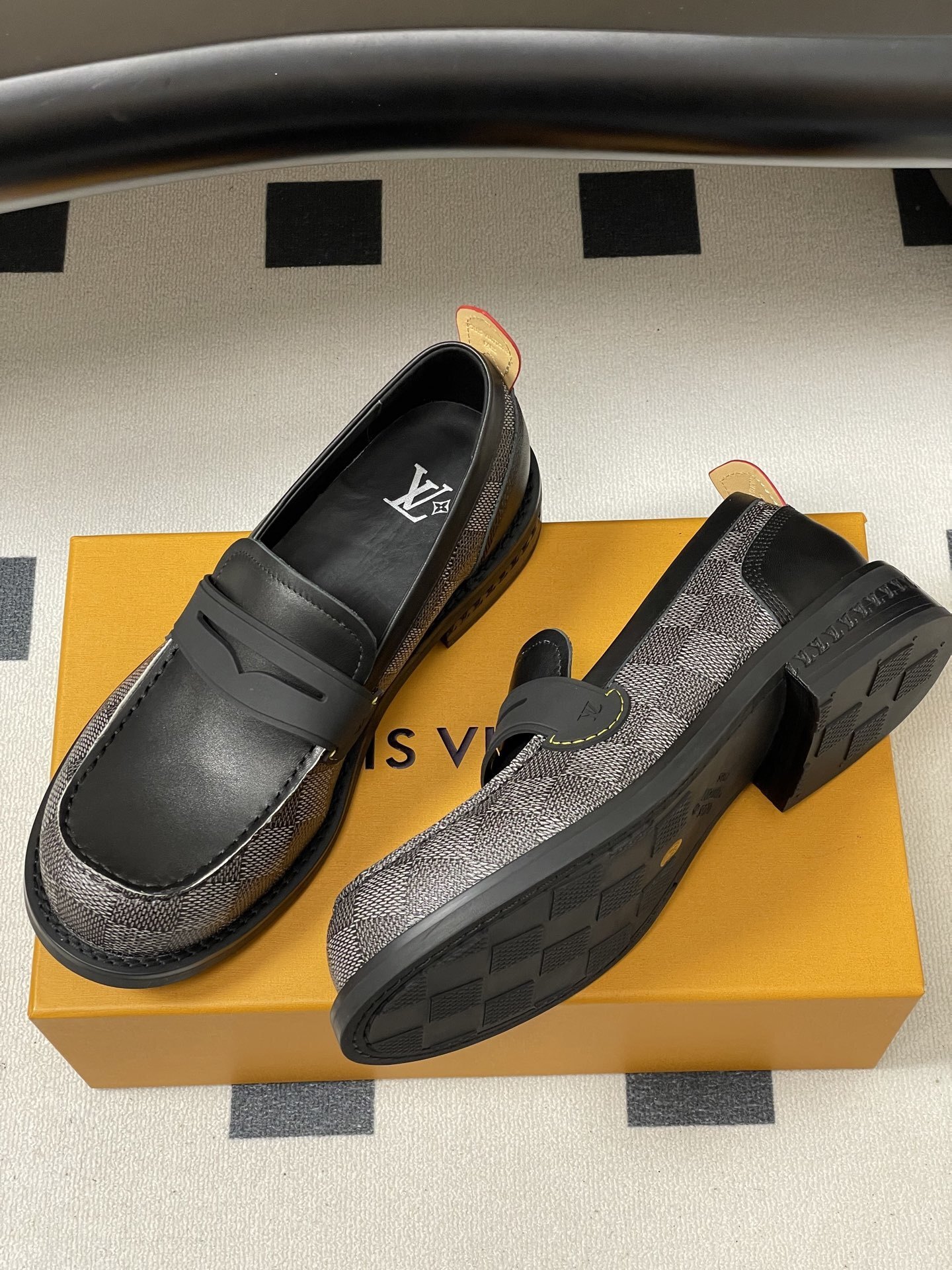 Louis Vuitton Men's Damier Leather Penny Loafers - Black