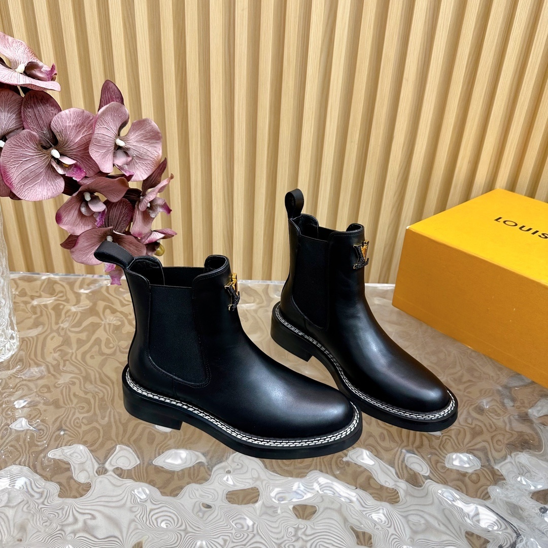 Luxury Black Leather Chelsea Boots with Gold Logo & White Stitching
